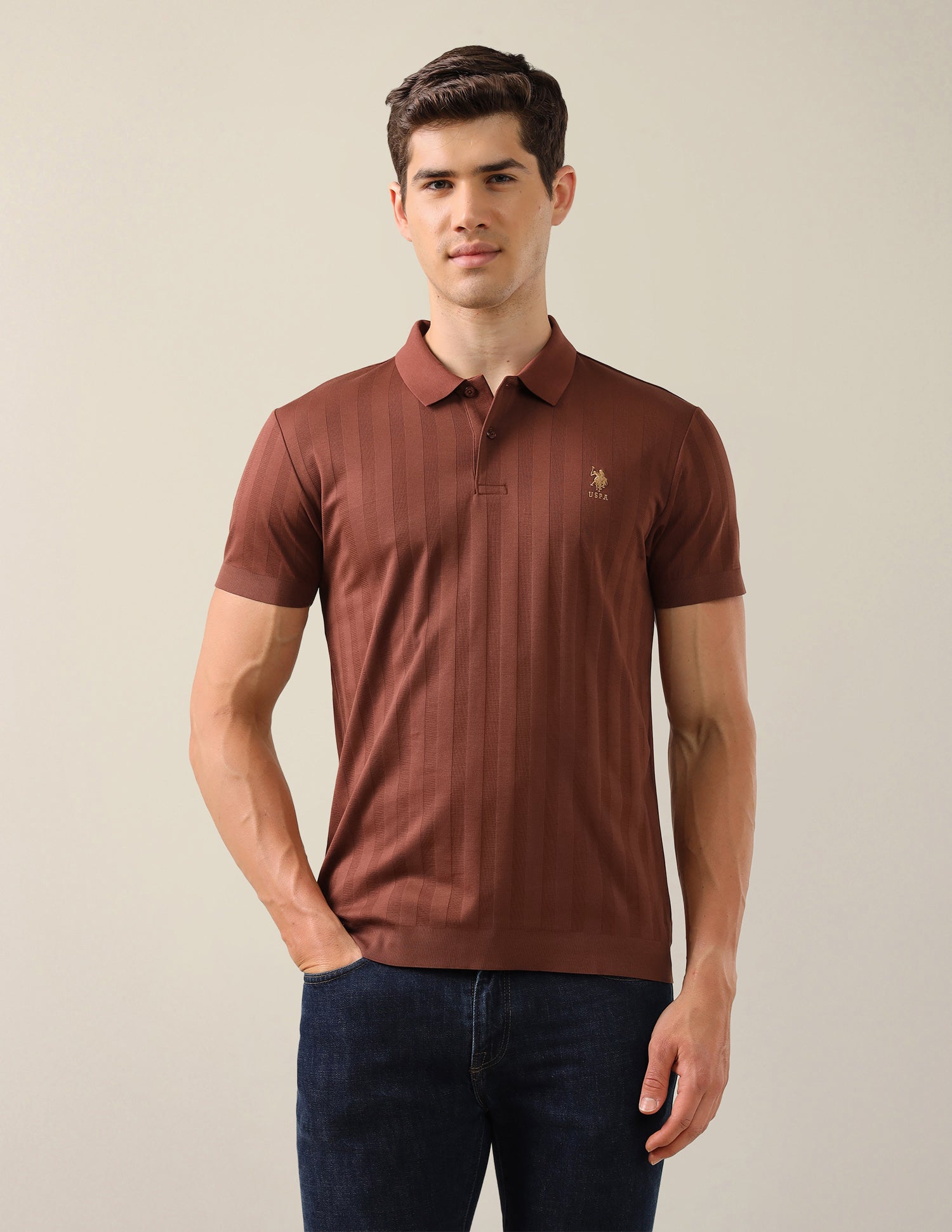 Self Design Vertical Striped Slim Fit Polo Shirt Rust - U.S. Polo Assn. India | Large