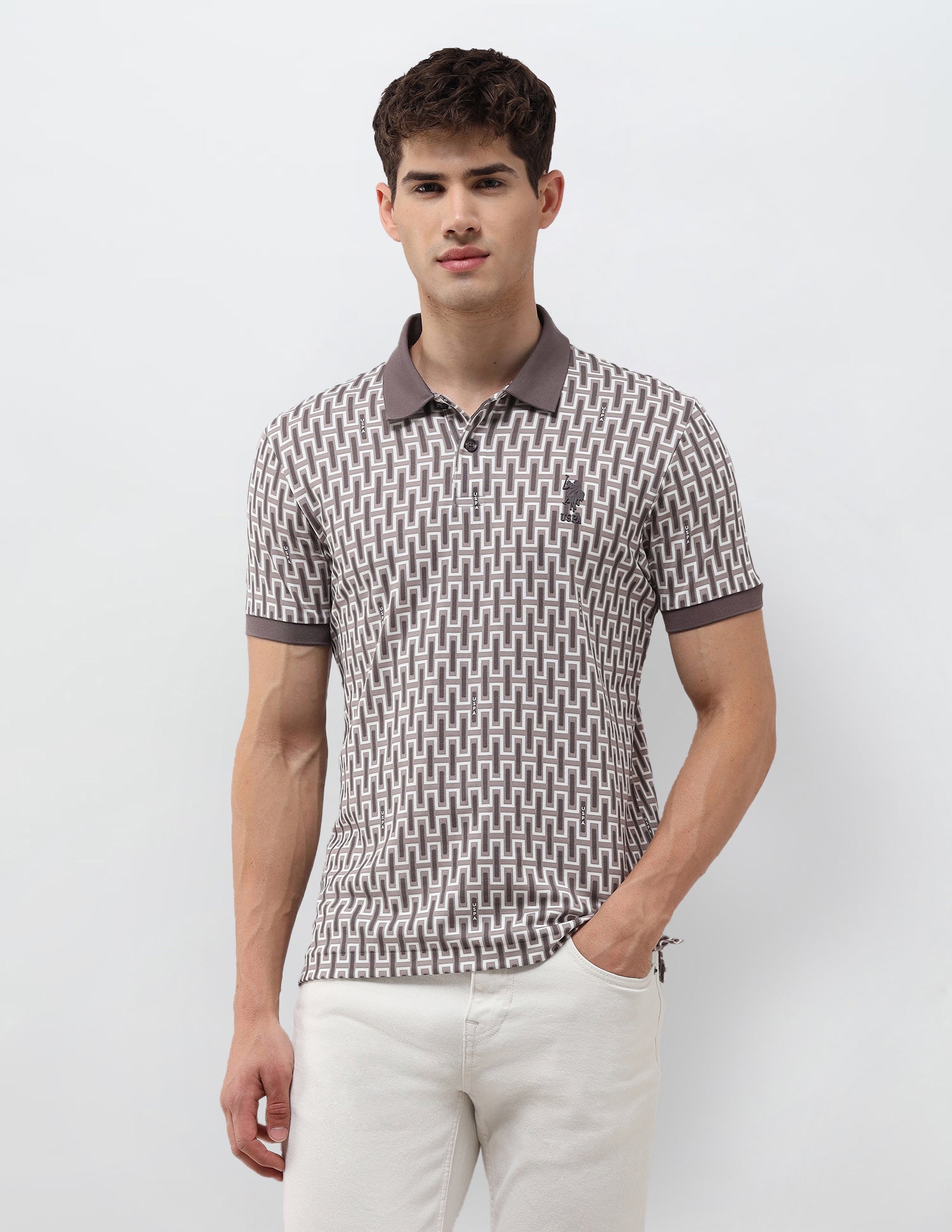 Geometric Printed Muscle Fit Polo Shirt Light Khaki - U.S. Polo Assn. India | Large