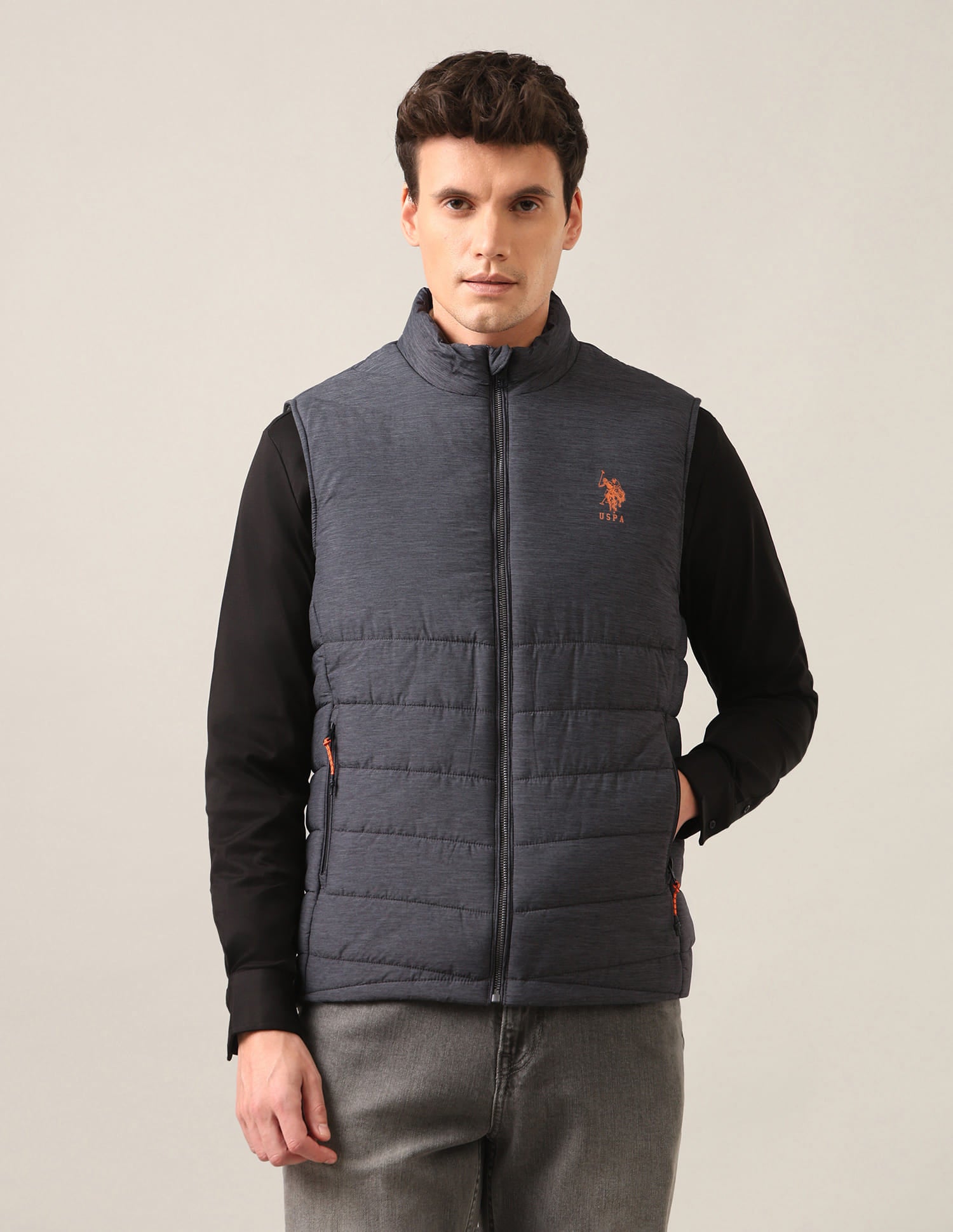 High Neck Sleeveless Solid Padded Jacket Grey - U.S. Polo Assn. India | Large