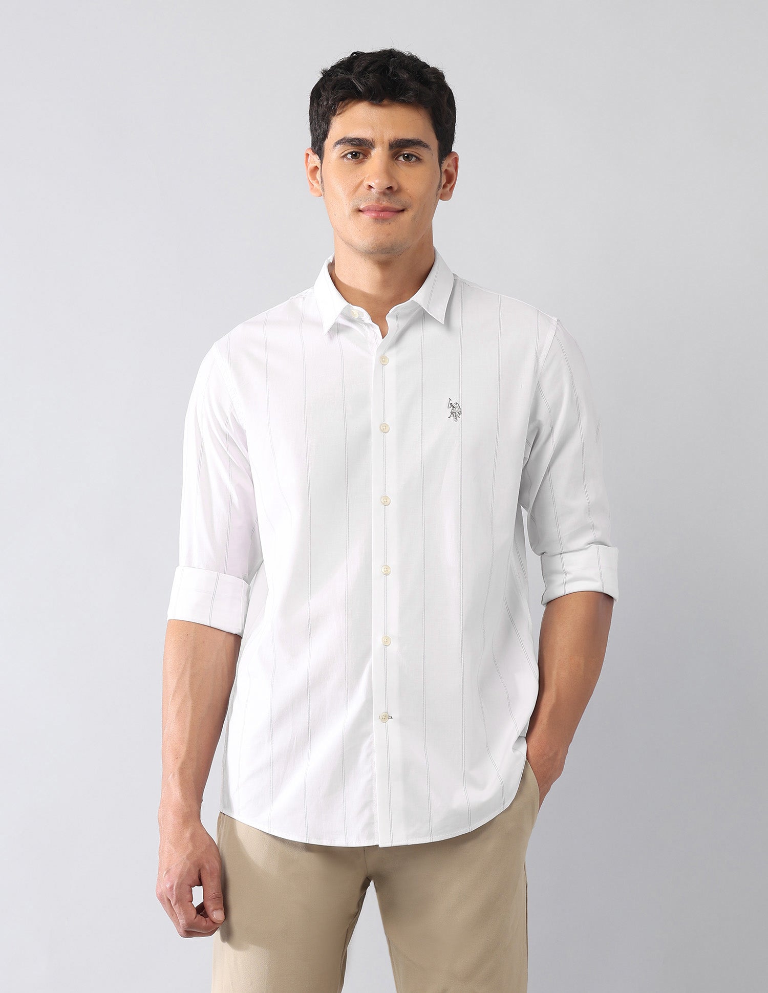 Pinstriped Poplin Pure Cotton Shirt White - U.S. Polo Assn. India | Large