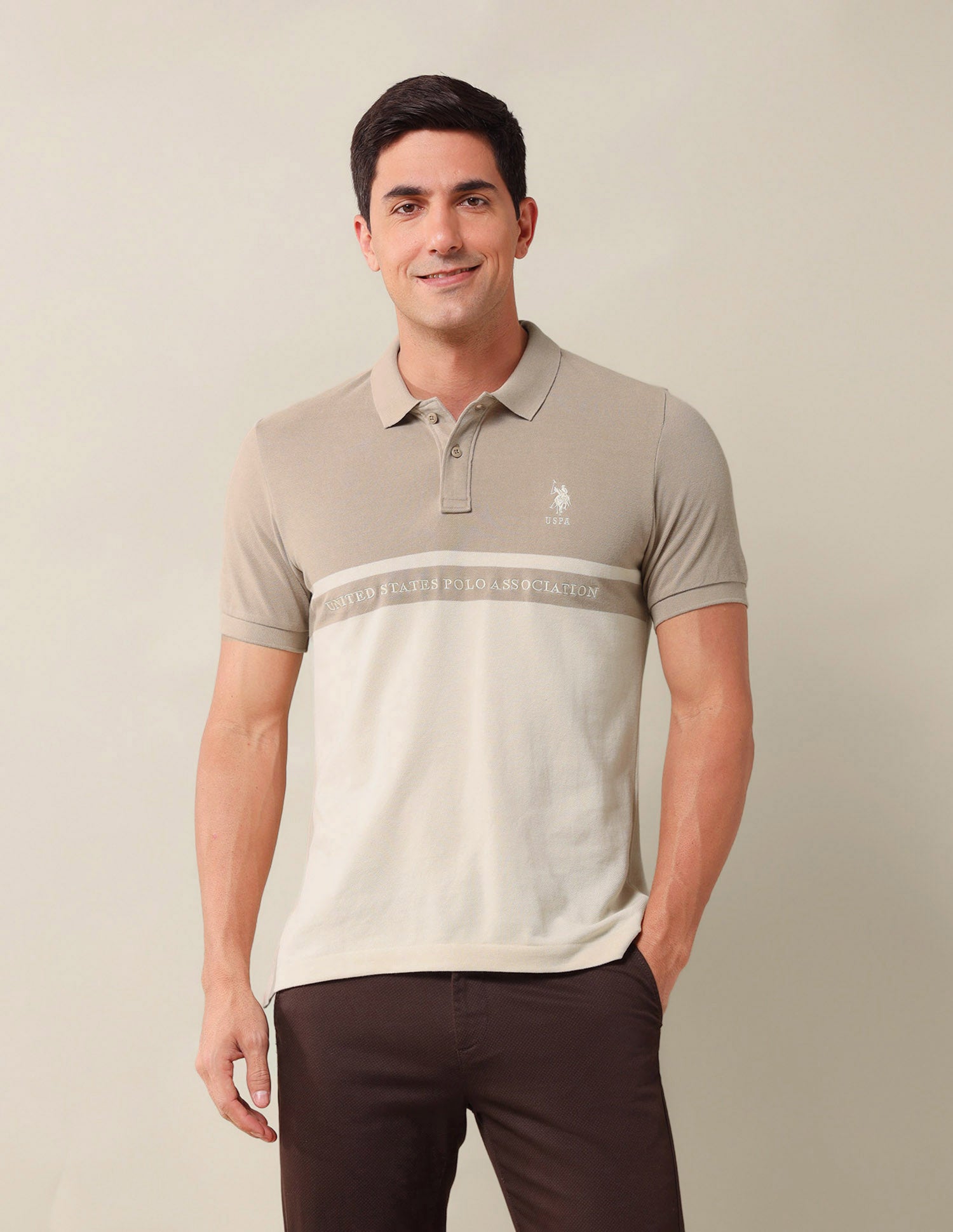 Colourblocked Slim Fit Polo Shirt Light Brown - U.S. Polo Assn. India | Large