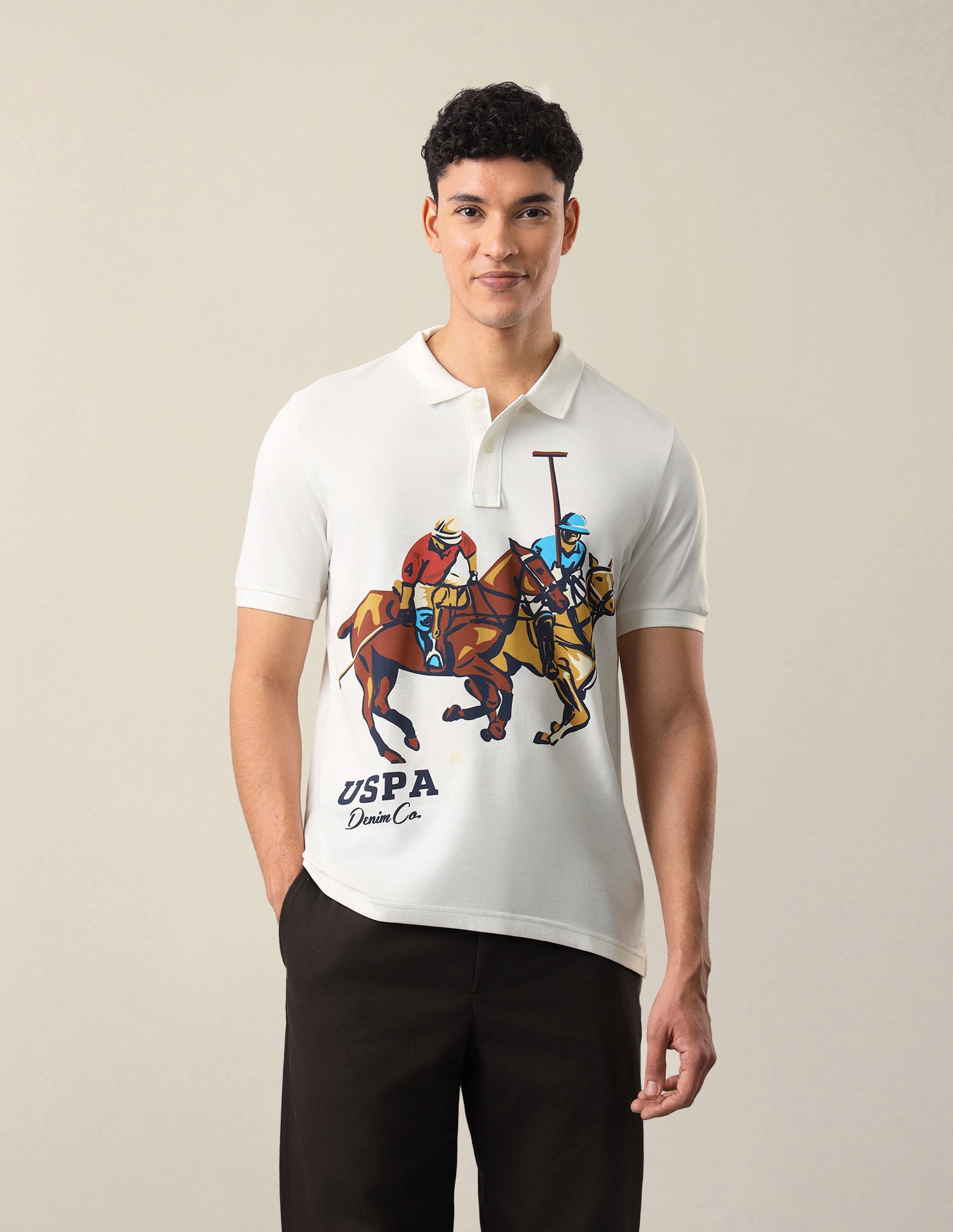 Graphic Brand Printed Slim Fit Polo Shirt Ivory - U.S. Polo Assn. India | Large