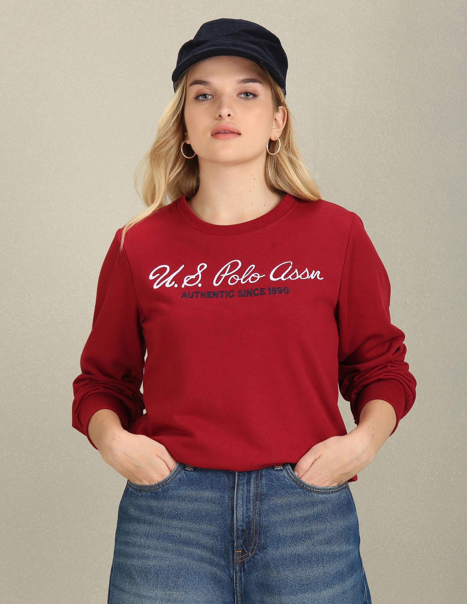 Crew Neck Brand Embroidered Sweatshirt Maroon - U.S. POLO ASSN. | Large