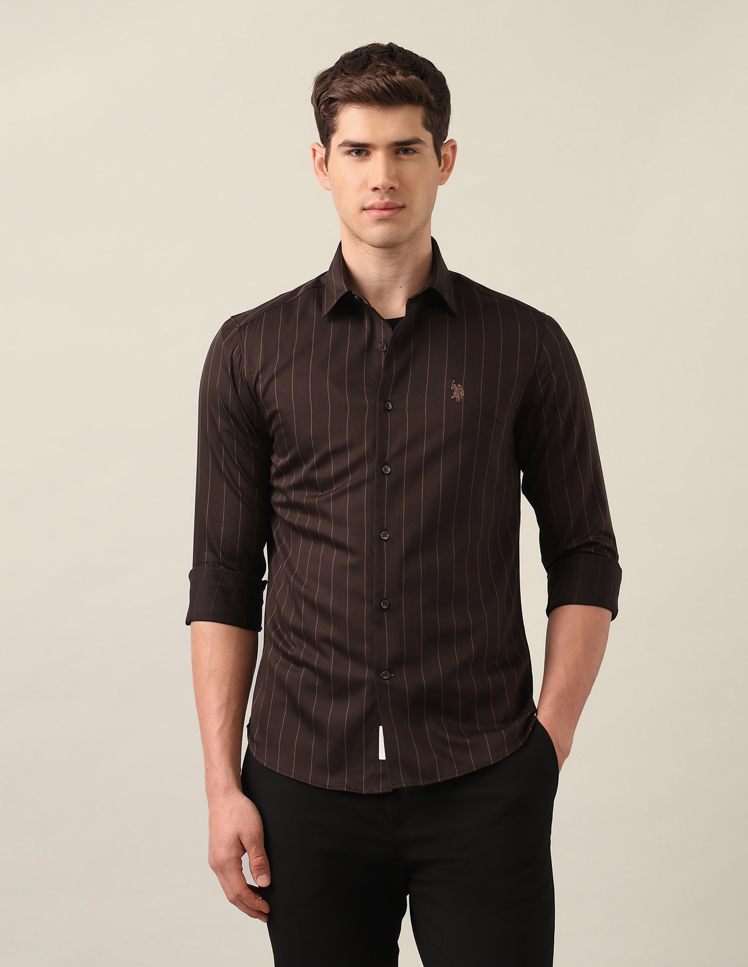 Vertical Striped Satin Shirt Brown - U.S. Polo Assn. India | Large