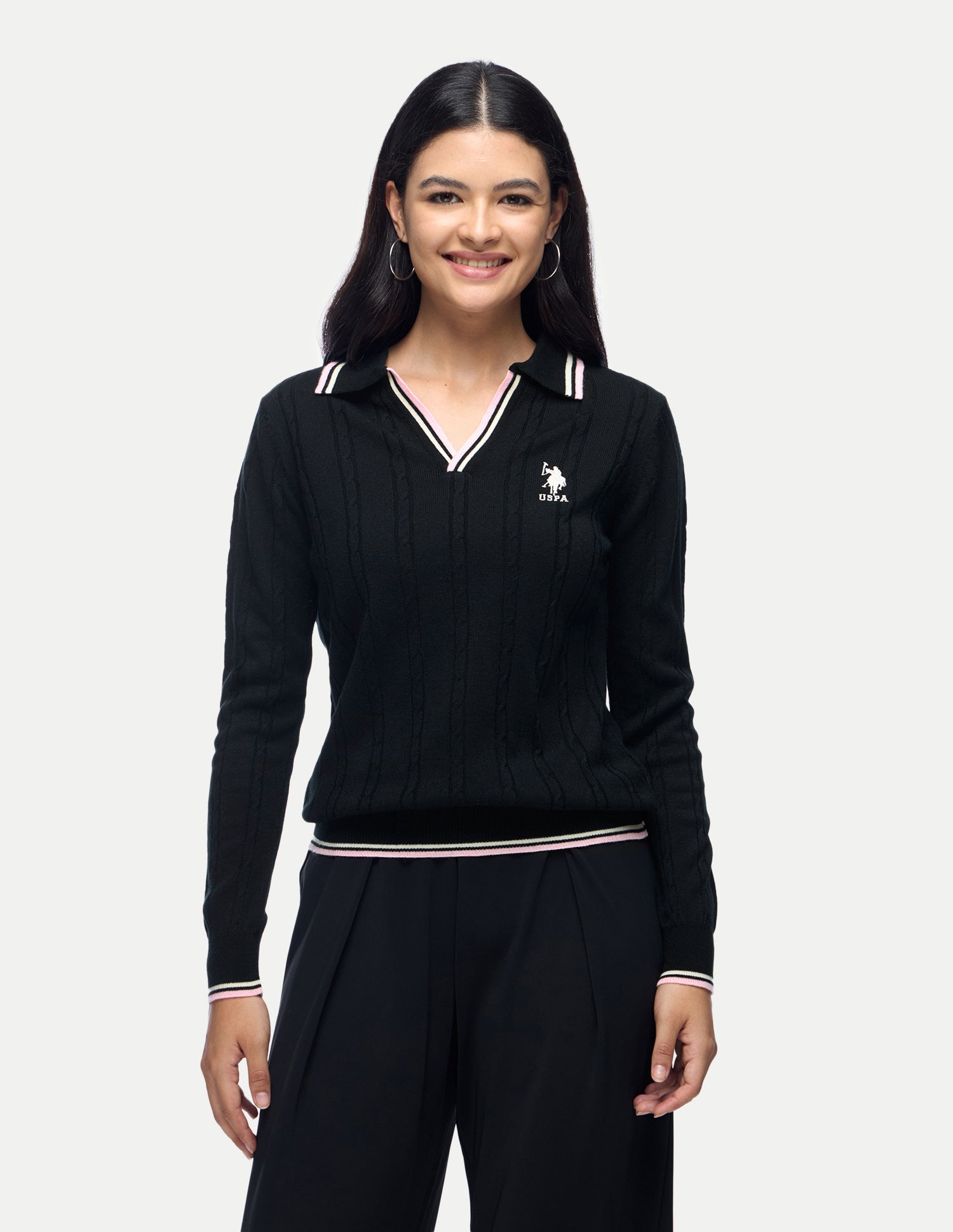 Cable Patterned Knit Regular Fit Sweater Black - U.S. Polo Assn. India | Large