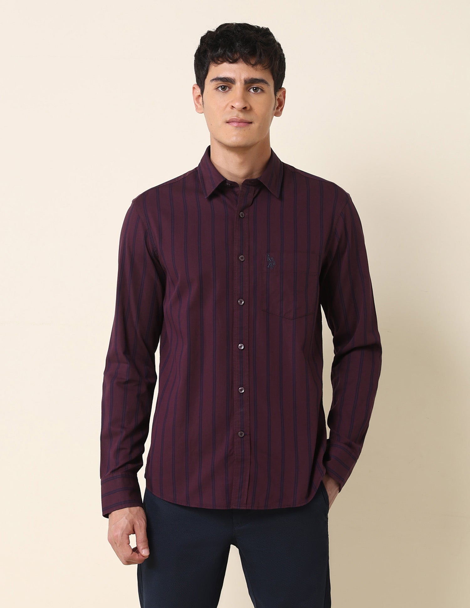 Vertical Striped Tailored Fit Shirt Maroon - U.S. Polo Assn. India | Large