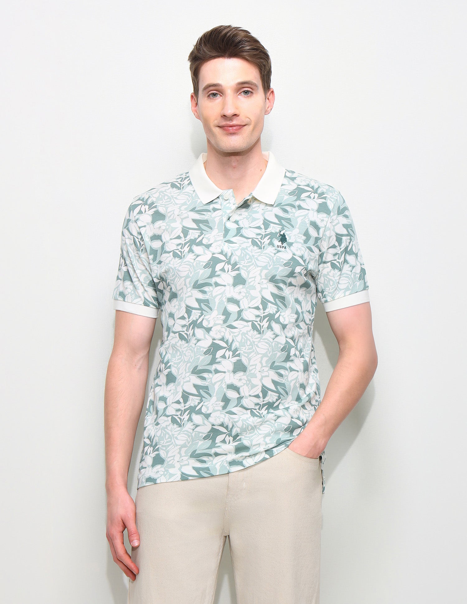 Floral Printed Slim Fit Polo Shirt Light Brown - U.S. Polo Assn. India | Large