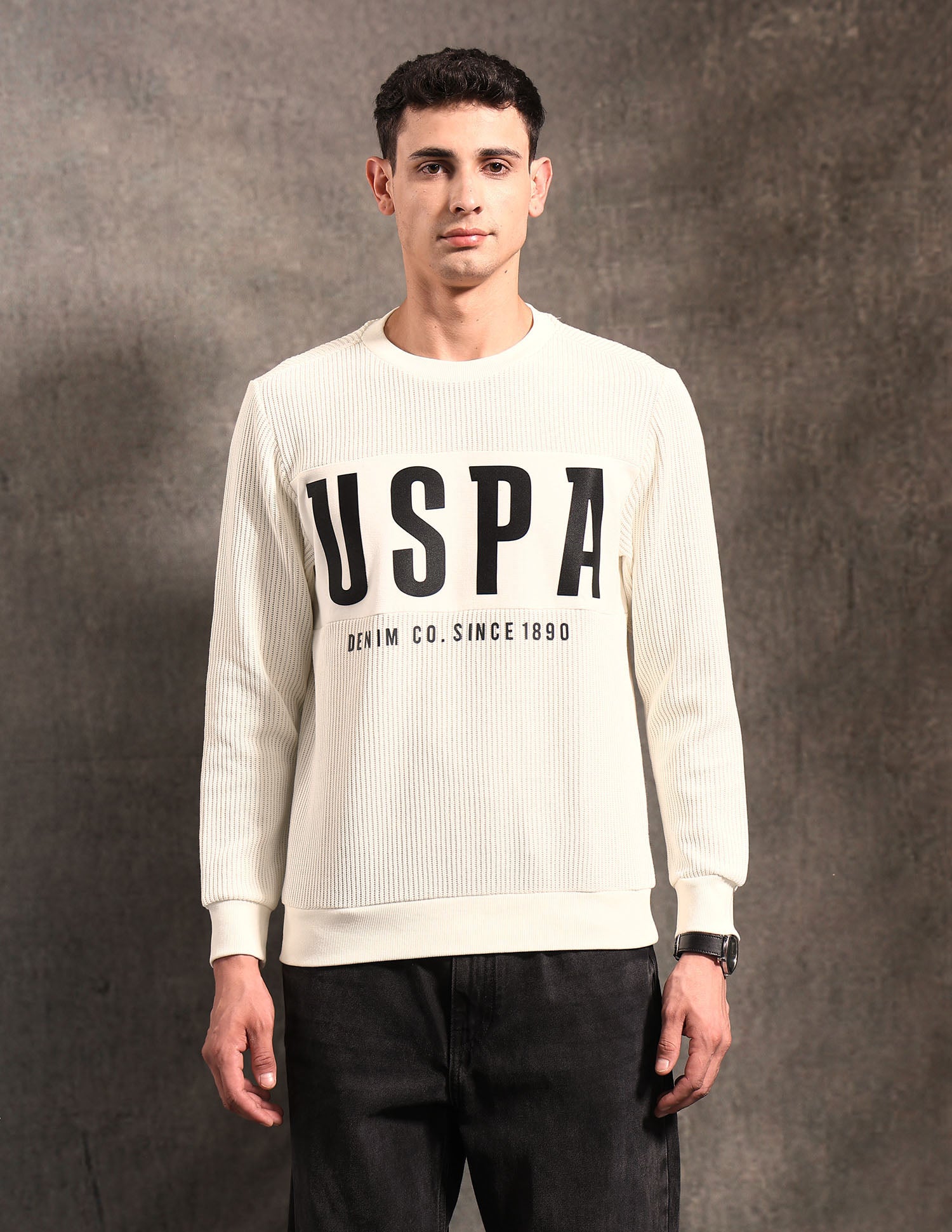 Brand Printed Textured Black & Gold Sweatshirt Ivory - U.S. POLO ASSN. | Large