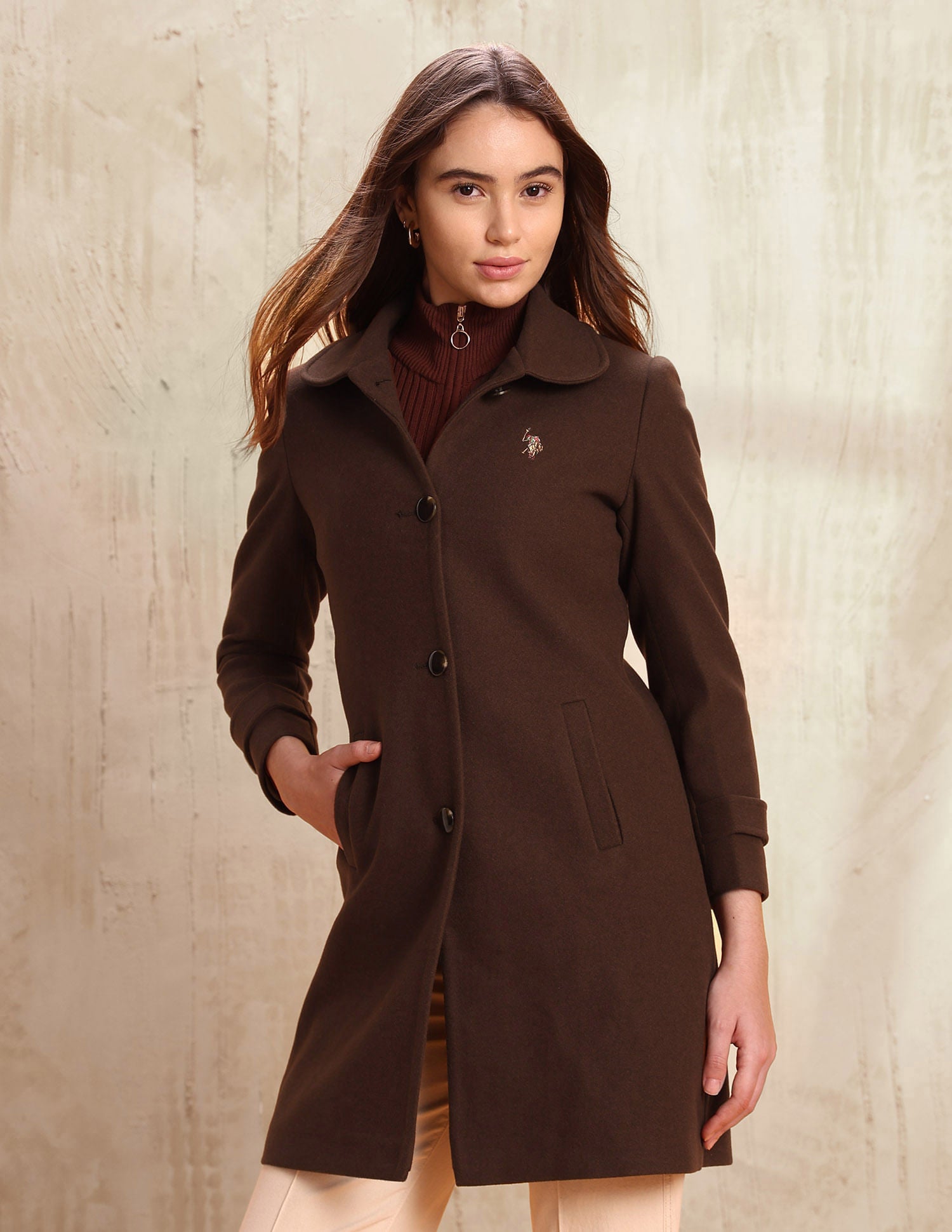 Solid Regular Fit Spread collar Overcoat Brown - U.S. POLO ASSN. | Large