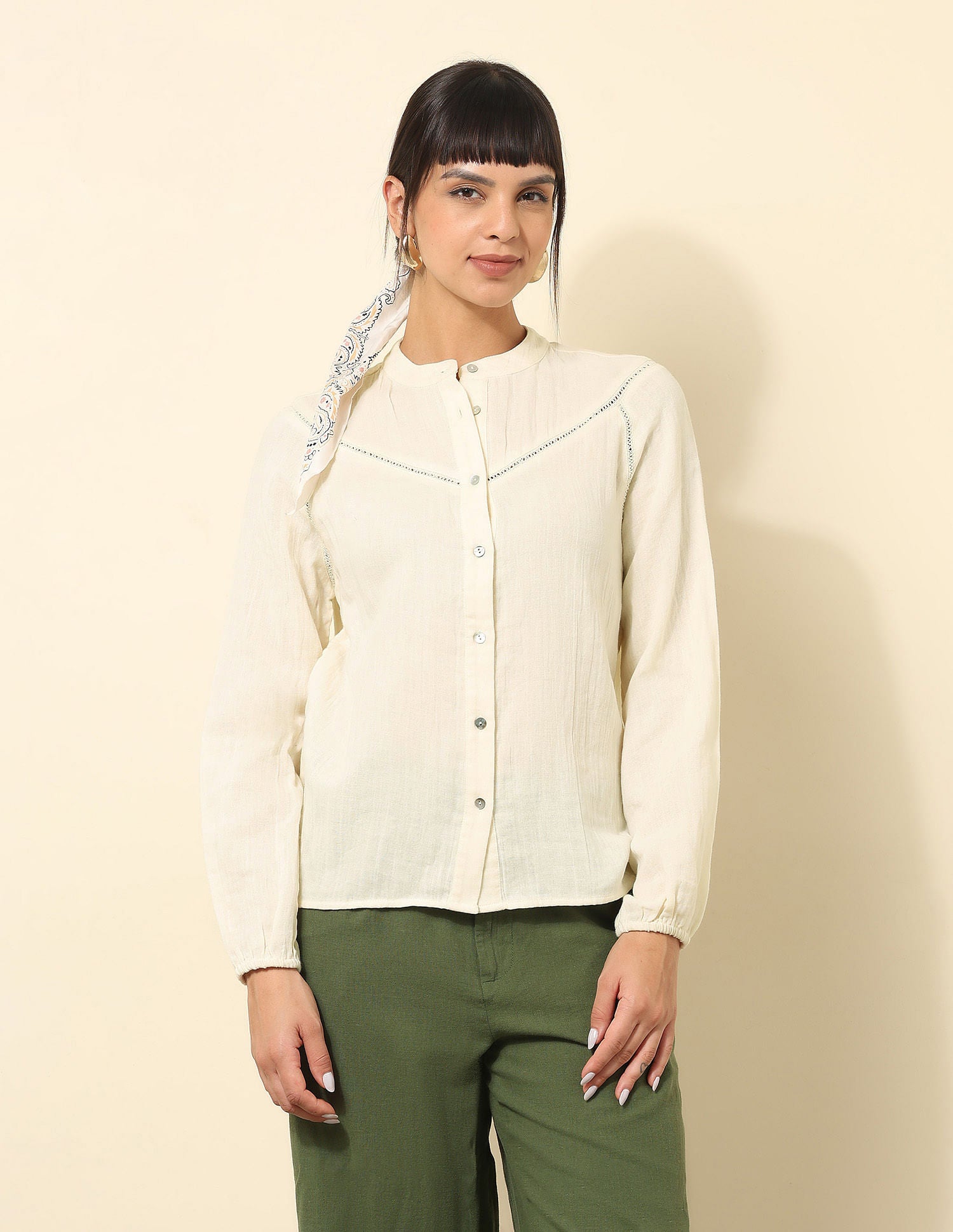 Lace Detailed Solid Shirt Off White - U.S. POLO ASSN. | Large