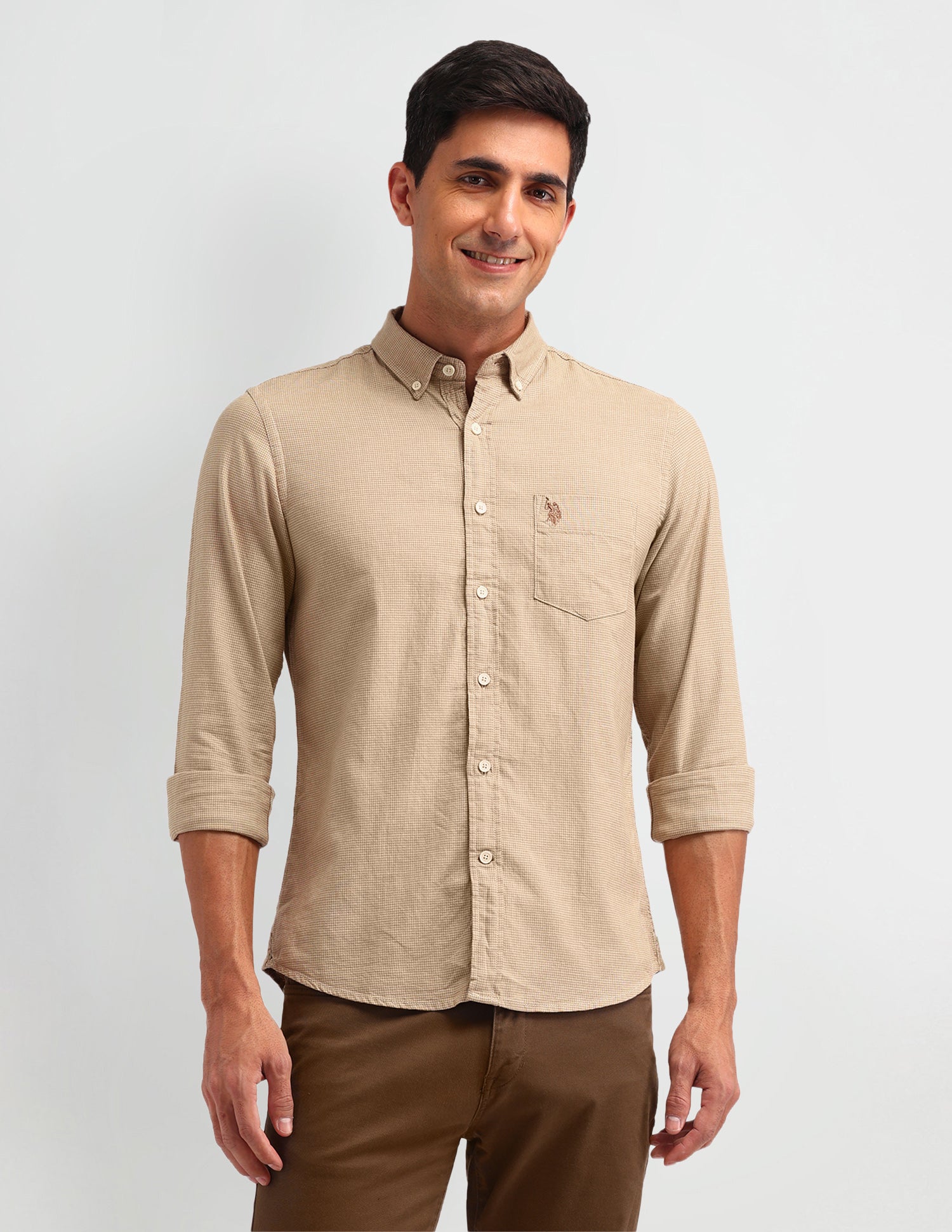 Textured Slim Fit Shirt Khaki - U.S. Polo Assn. India | Large