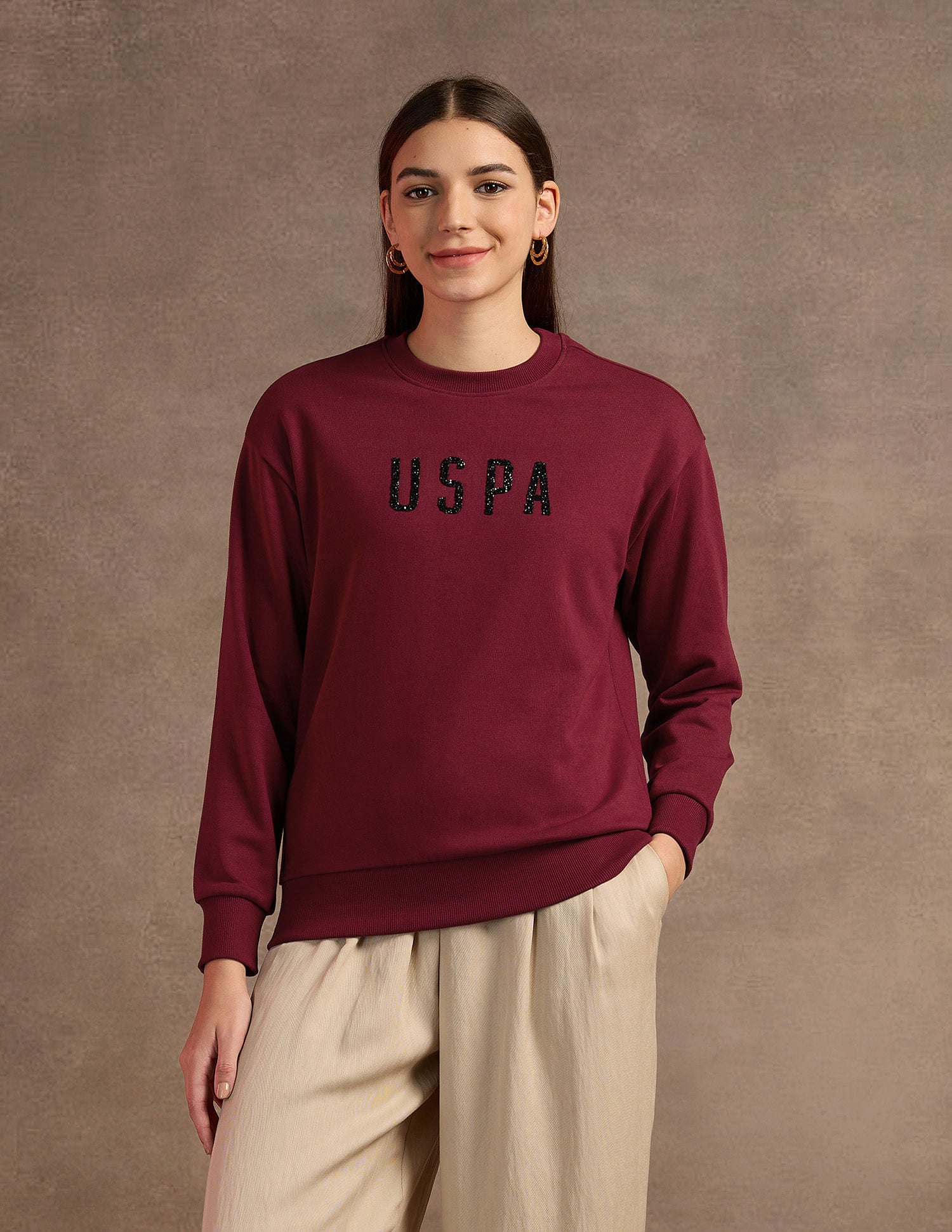 Drop Shoulder Studed Sweatshirt Maroon - U.S. POLO ASSN. | Large