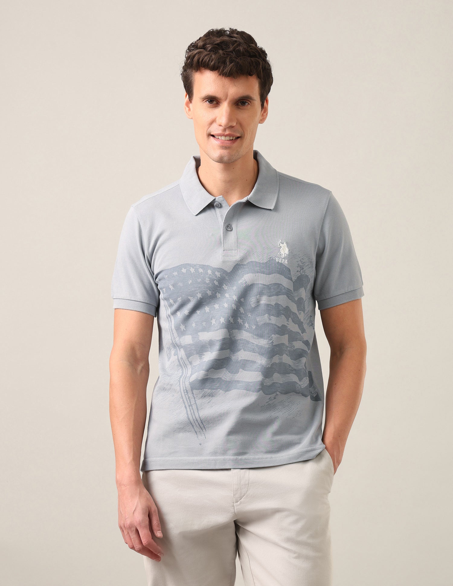 Graphic Printed Slim Fit Polo Shirt Grey - U.S. Polo Assn. India | Large