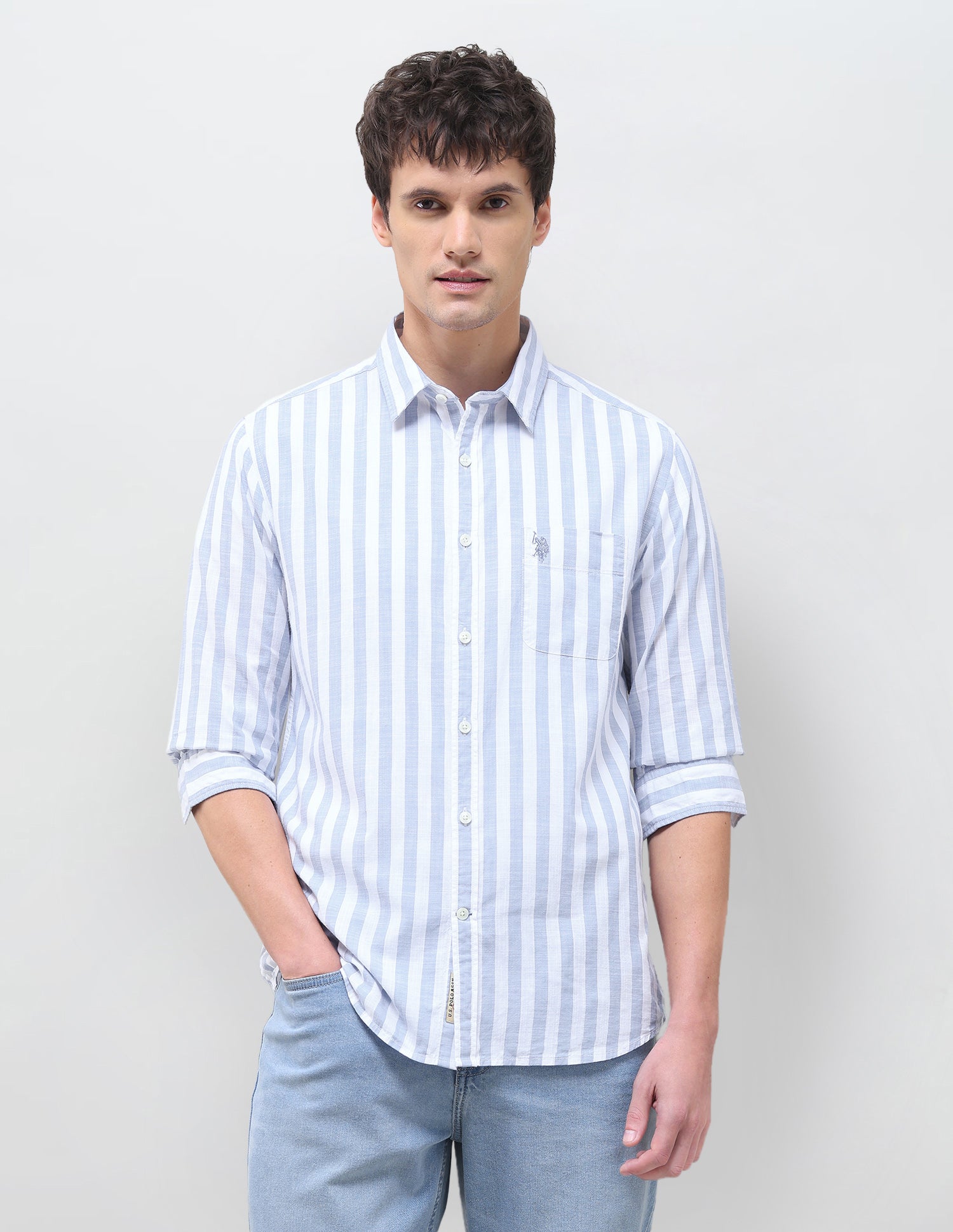 Vertical Striped Regular Fit Shirt Light Blue - U.S. Polo Assn. India | Large