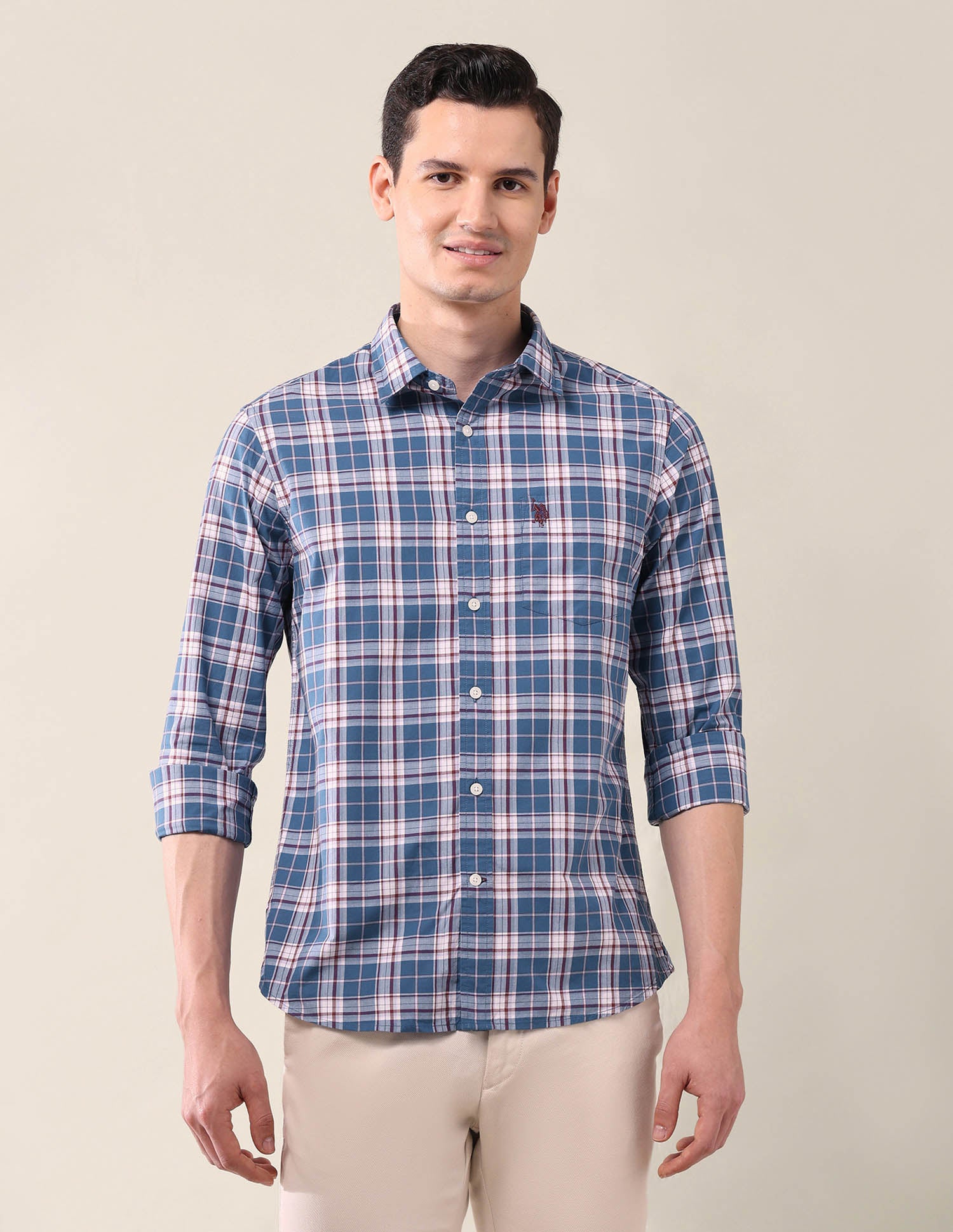 Grid Tattersall Checked Tailored Fit Shirt Medium Blue - U.S. Polo Assn. India | Large