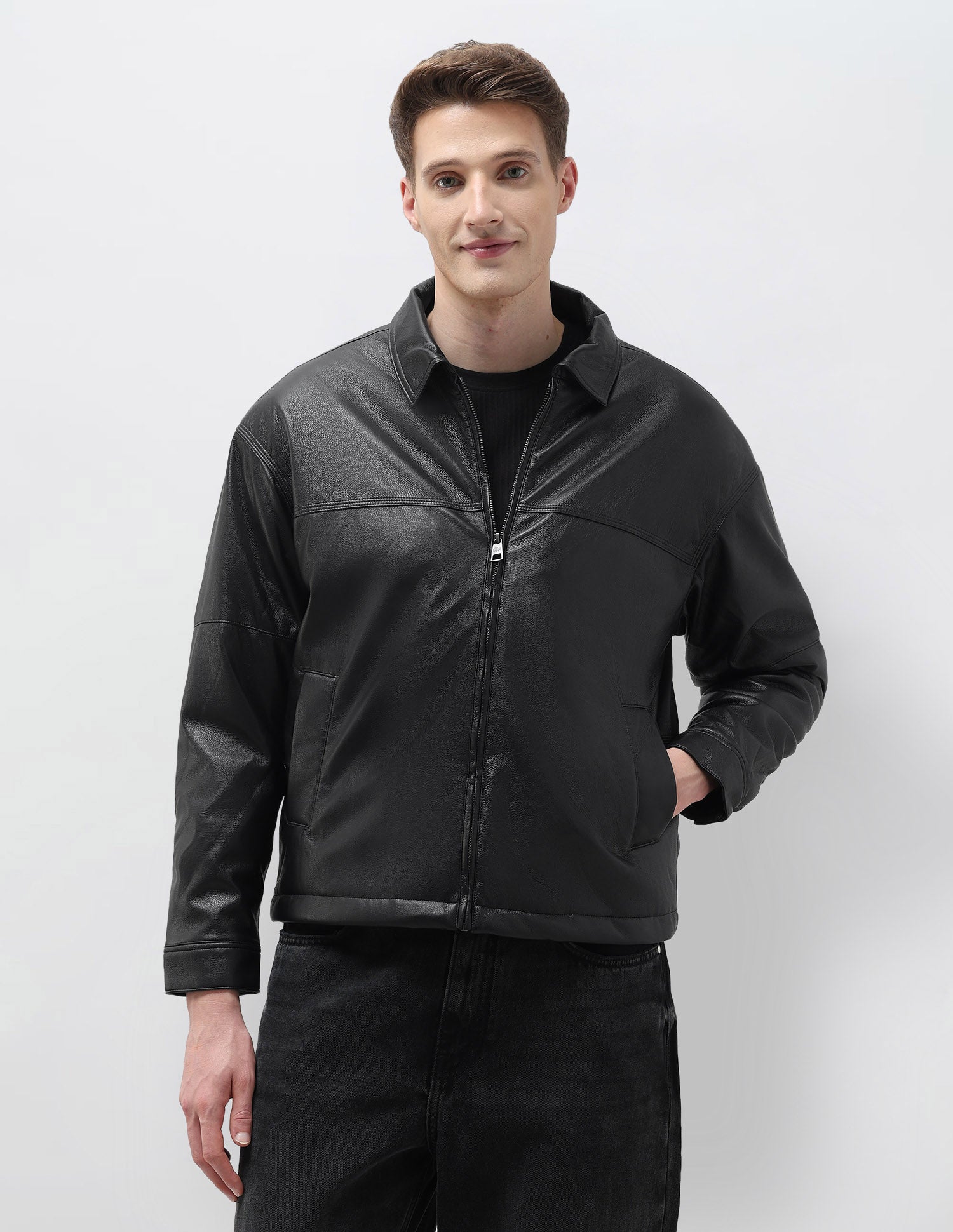 Regular Fit Solid Leather Jacket Black - U.S. Polo Assn. India | Large