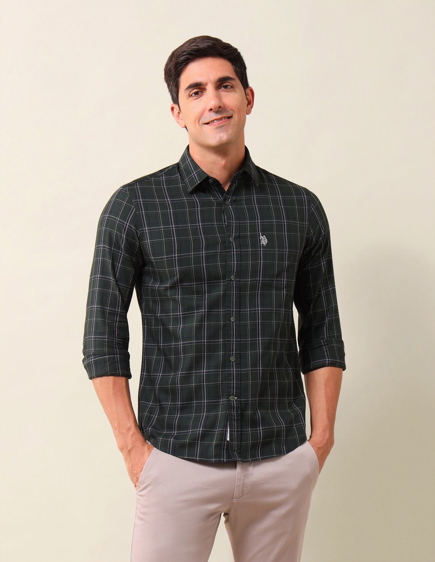 Grid Tattersall Checked Tailored Fit Shirt Dark Green - U.S. POLO ASSN. | Large