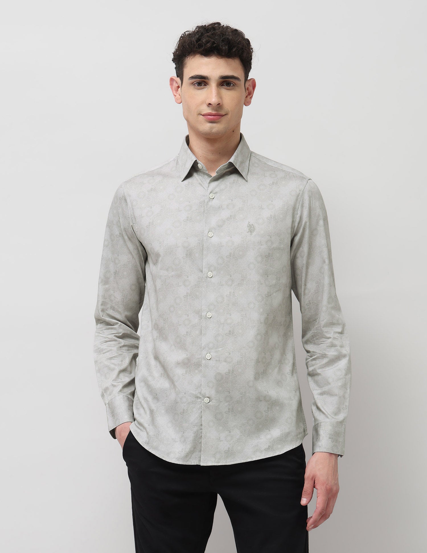 Pure Cotton Geometric Printed Shirt Light Grey - U.S. POLO ASSN. | Large