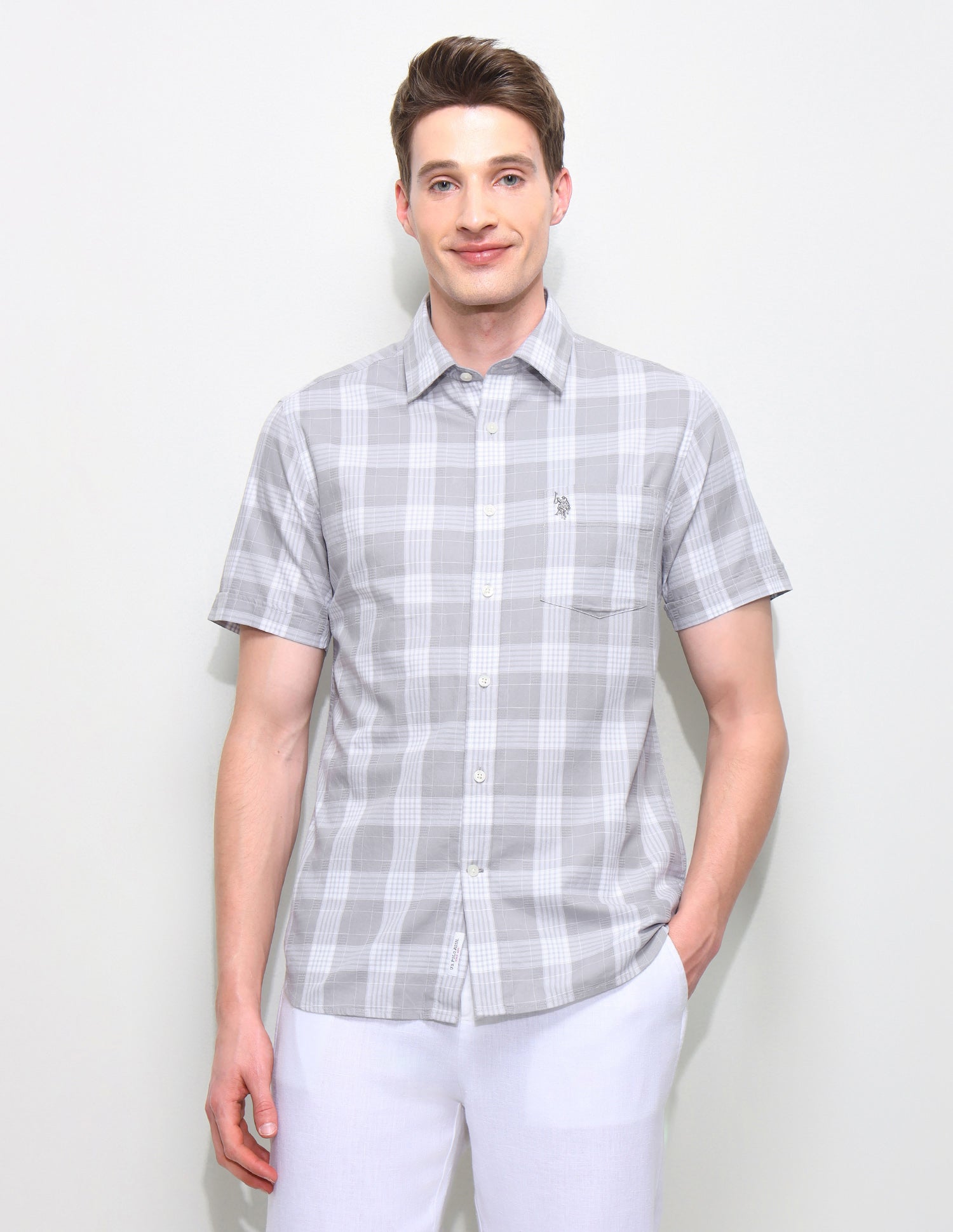 Twill Regular Fit Grid Tattersall Checked Shirt Light Grey - U.S. Polo Assn. India | Large