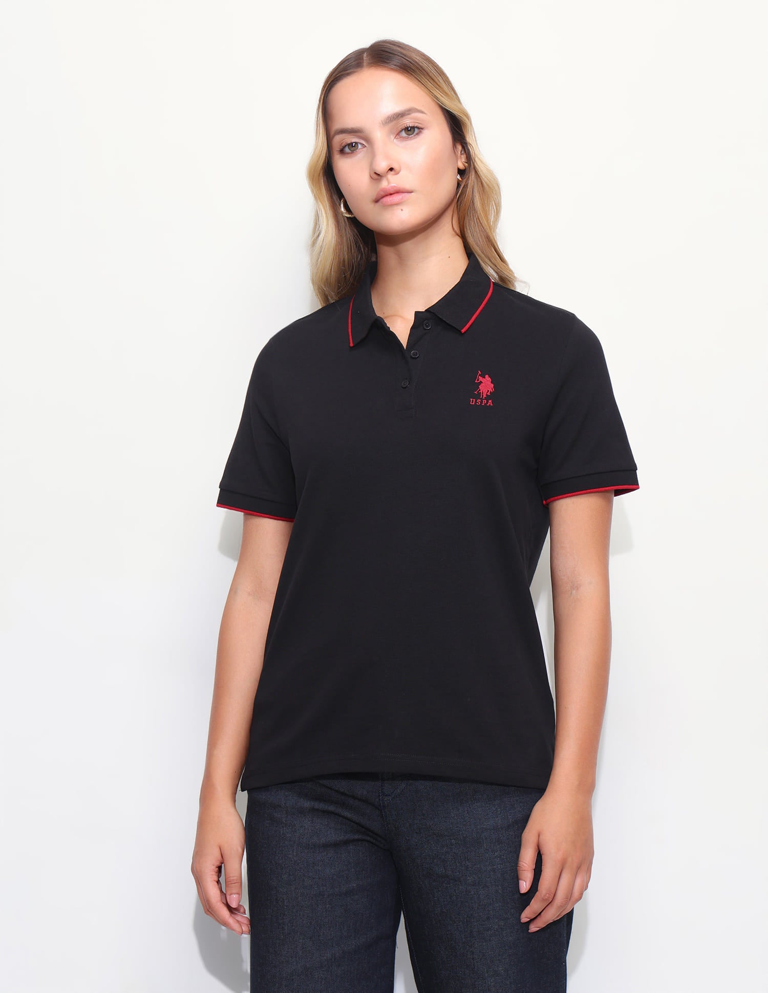Solid Tipped Collar Regular Fit Polo Shirt Black - U.S. Polo Assn. India | Large