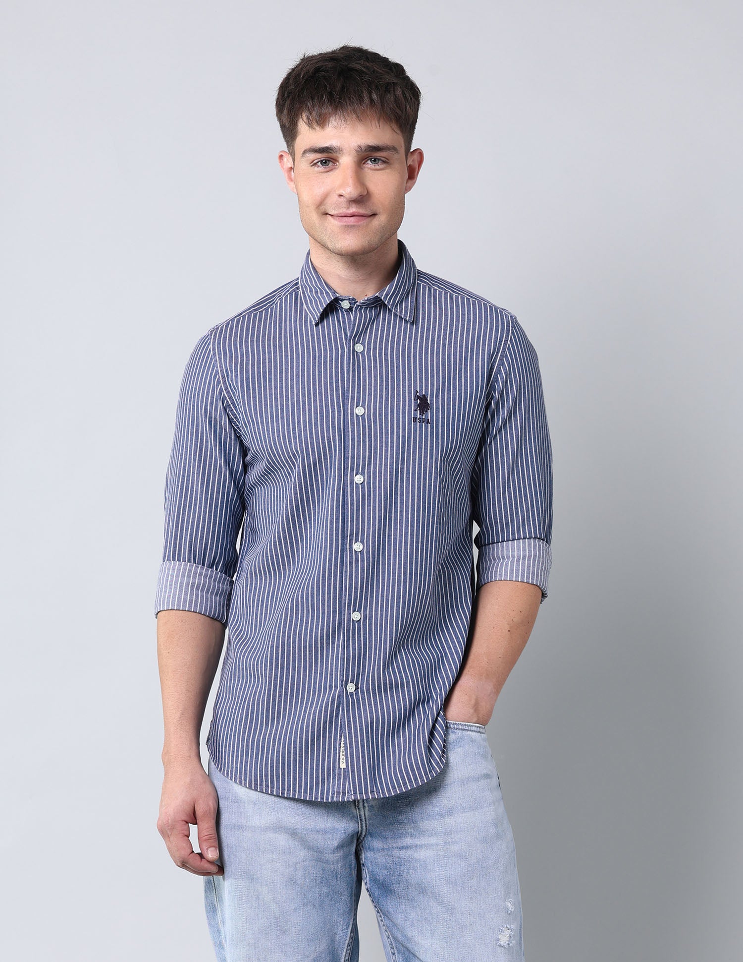 Vertical Striped Pure Cotton Shirt Indigo - U.S. Polo Assn. India | Large