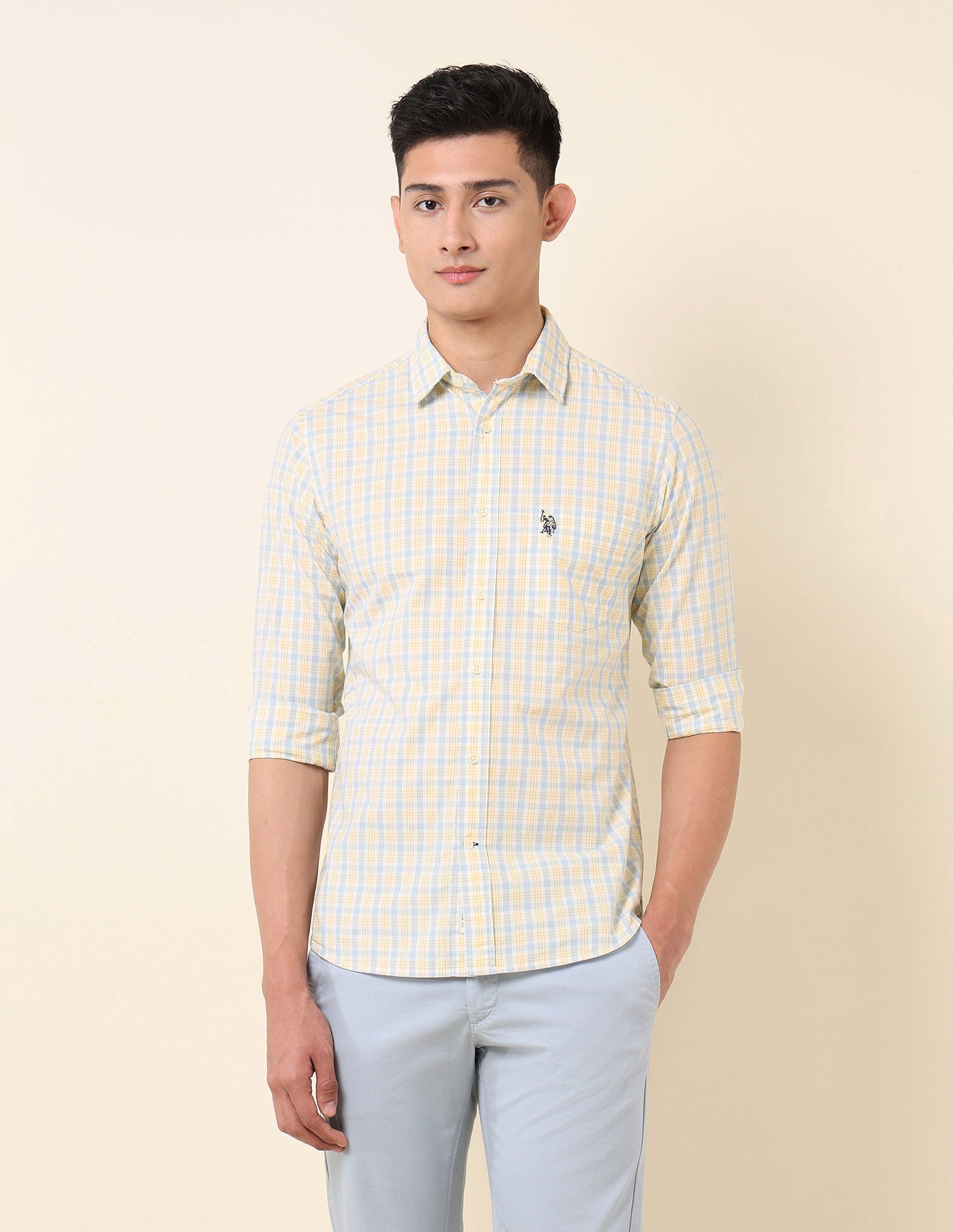 Pure Cotton Grid Tattersall Checked Shirt Yellow - U.S. Polo Assn. India | Large