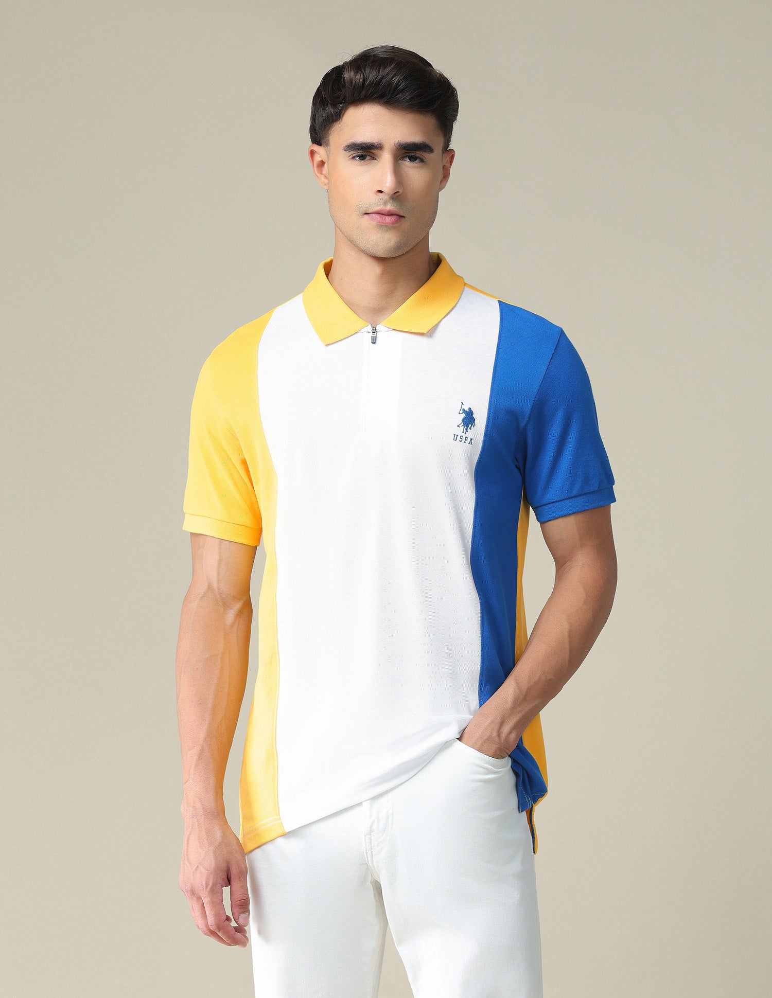 Colour Block Cotton Polo Shirt Yellow and White - U.S. POLO ASSN. | Large
