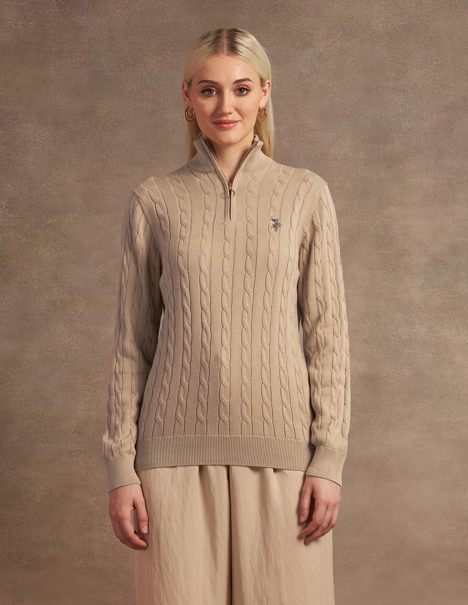 High Neck Cable Knit Sweater Beige - U.S. Polo Assn. India | Large
