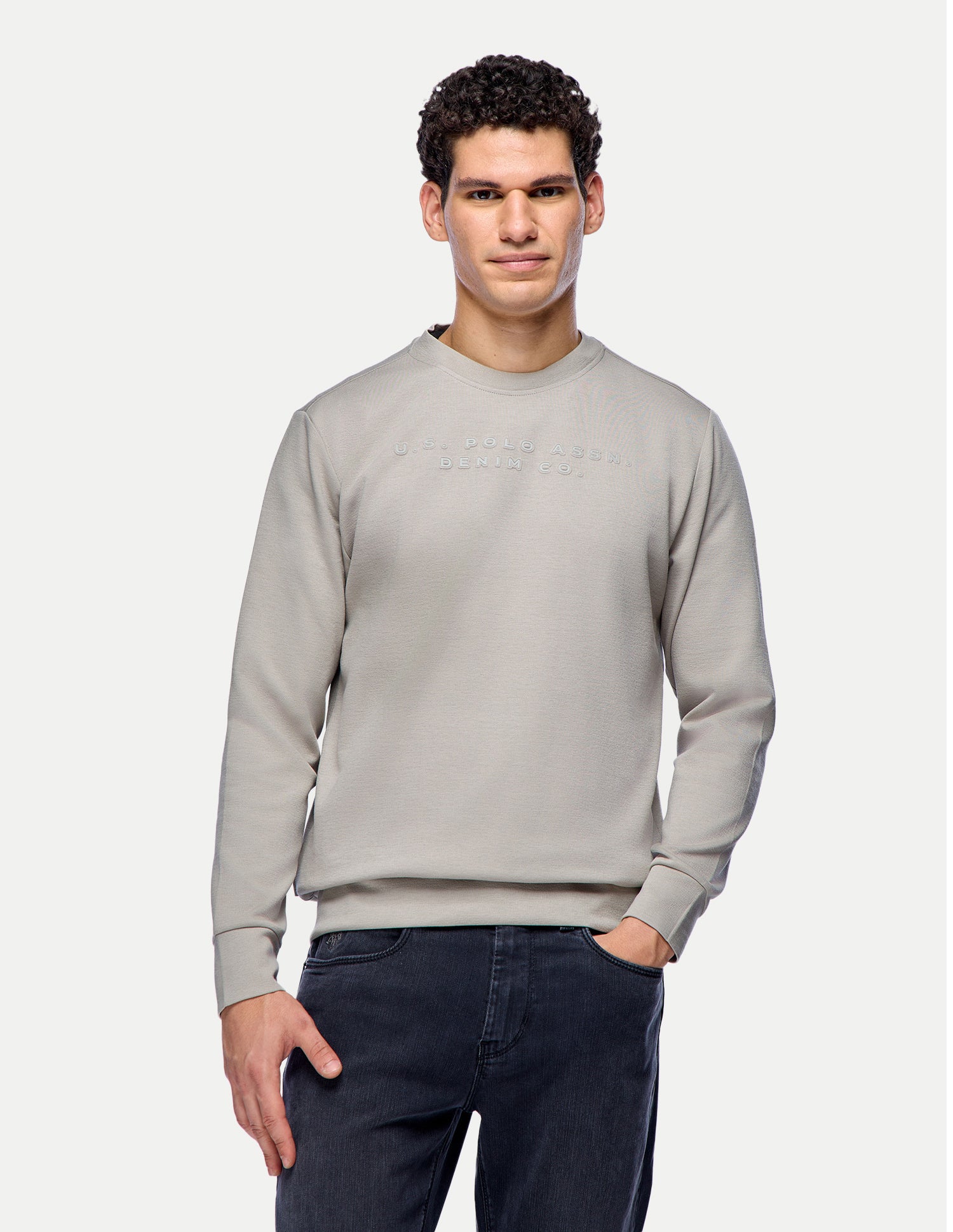 Brand Embossed Regular Fit Sweatshirt Beige - U.S. Polo Assn. India | Large