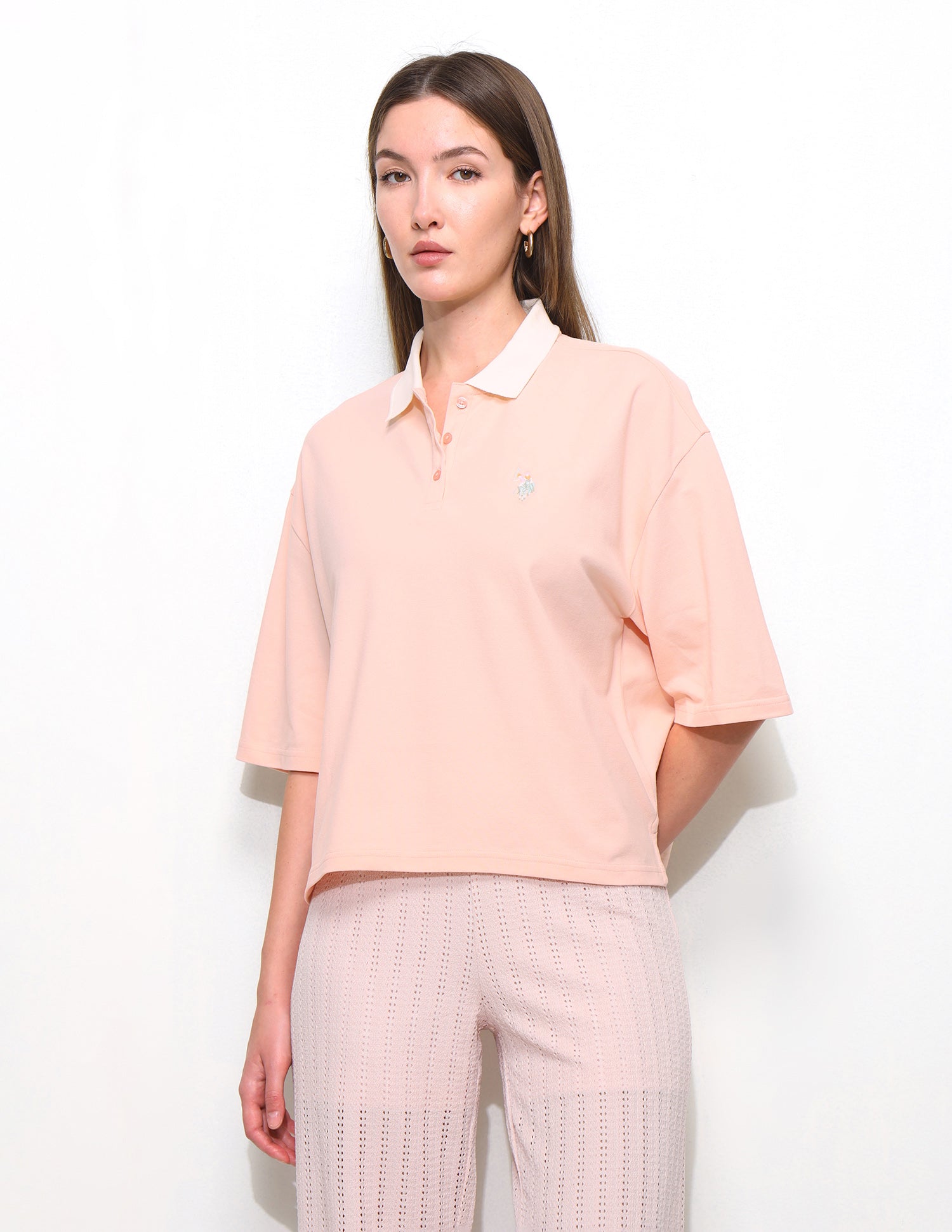 Solid Oversized Fit Contrast Collar Polo Shirt Light Pink - U.S. Polo Assn. India | Large