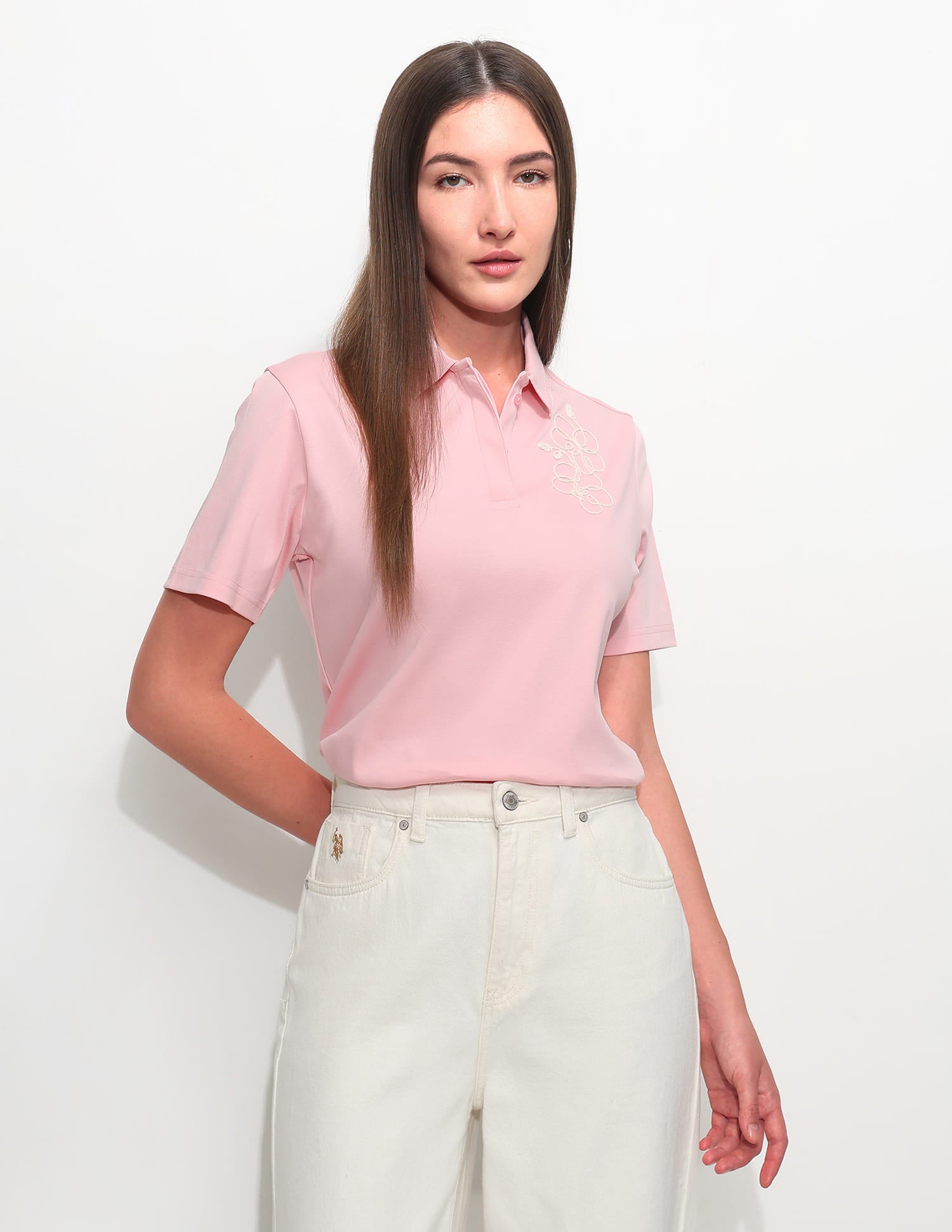 Boxy Fit Floral Embroidered Polo Shirt Pink - U.S. Polo Assn. India | Large