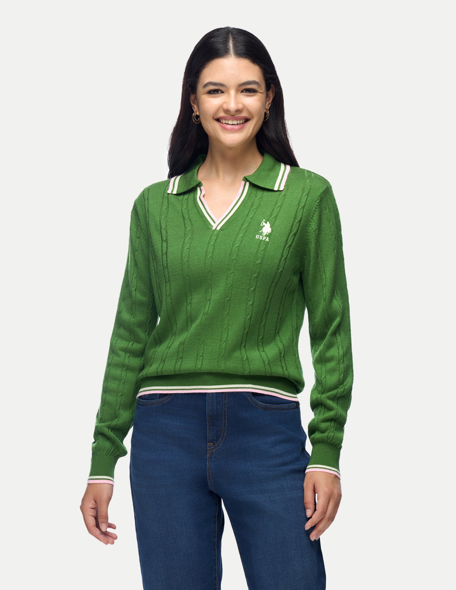 Cable Patterned Knit Regular Fit Sweater Green - U.S. Polo Assn. India | Large