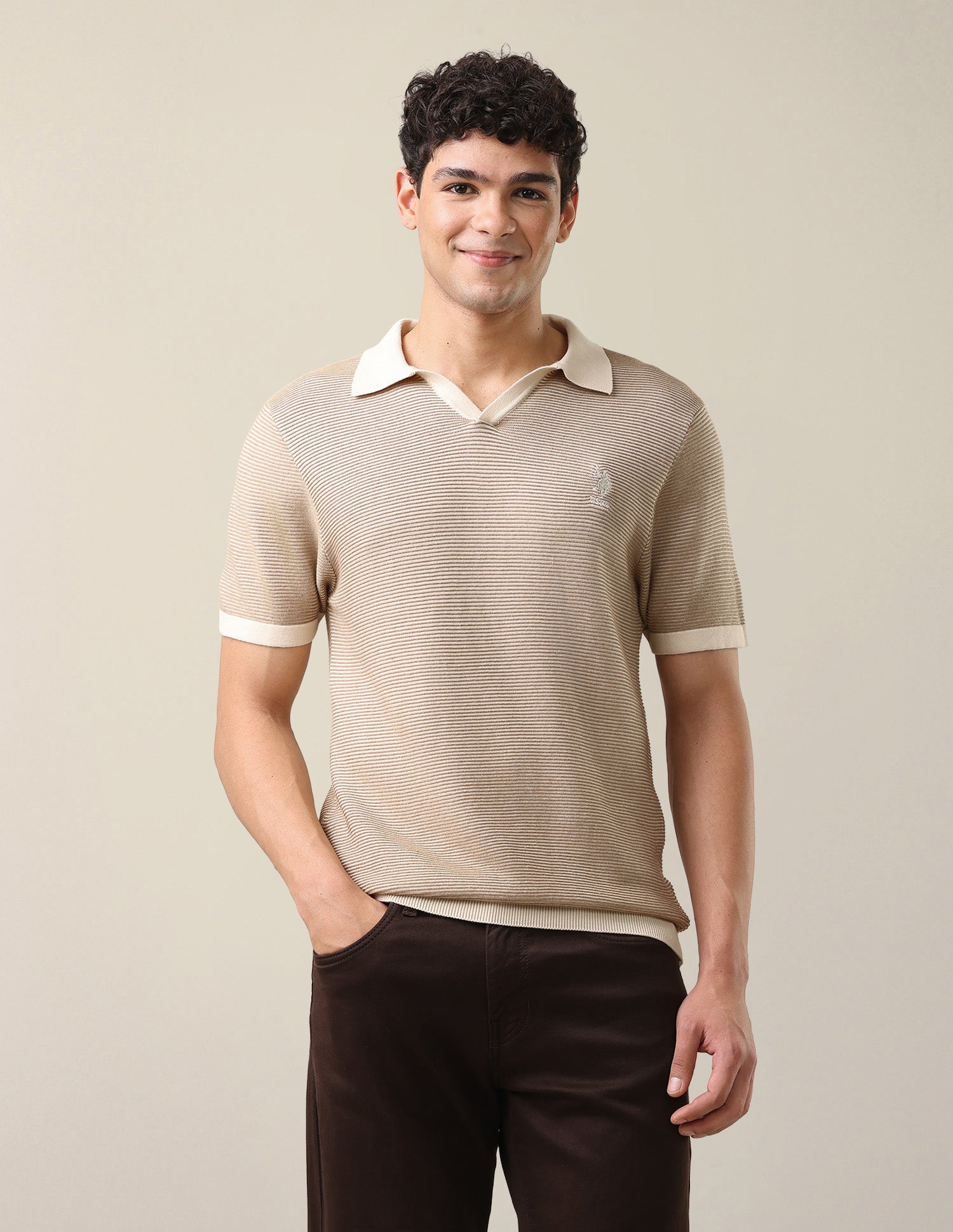 Horizontal Striped Patterned Slim Fit Polo Shirt Light Brown - U.S. Polo Assn. India | Large