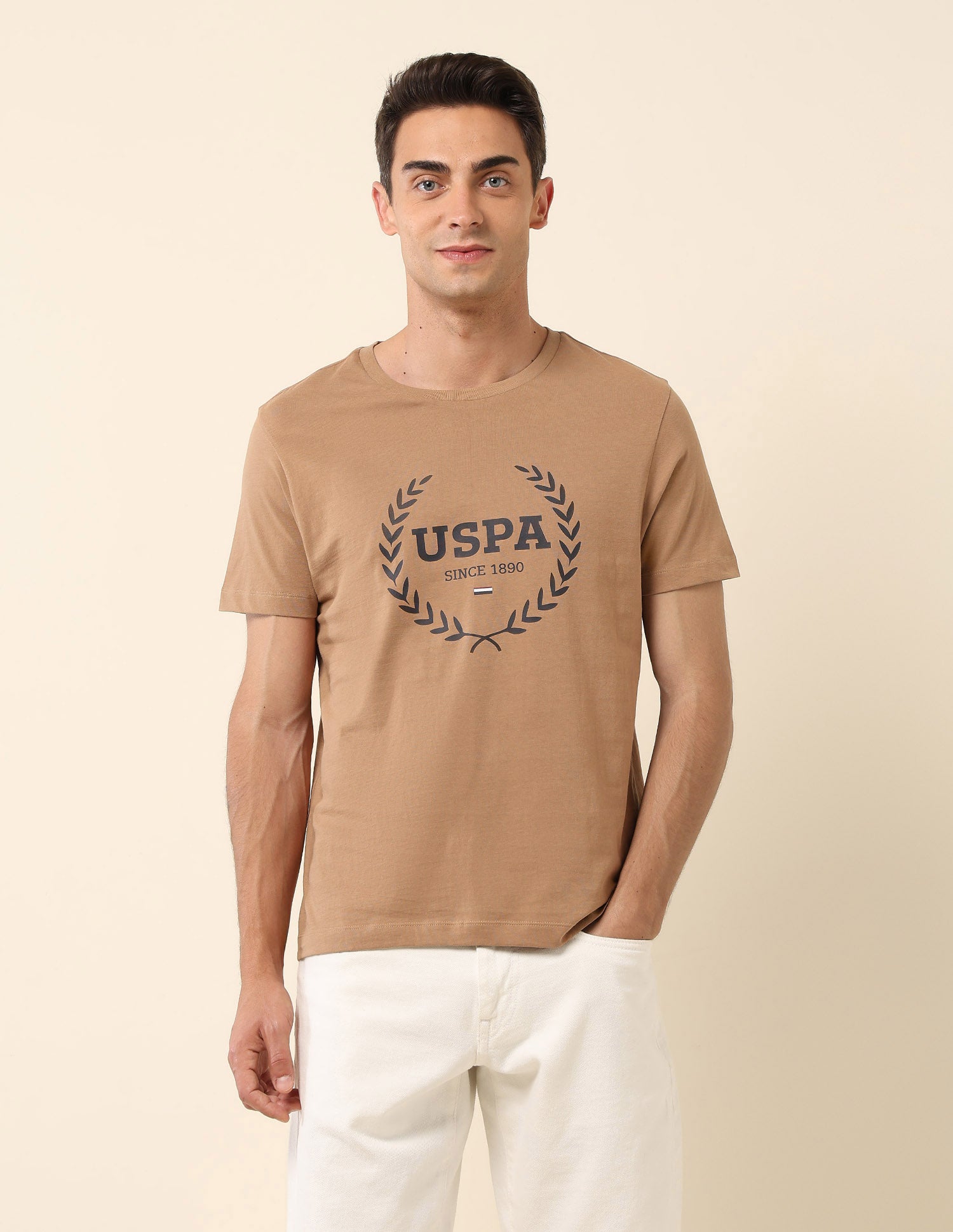 Brand Printed Pure Cotton T-Shirt Beige - U.S. POLO ASSN. | Large