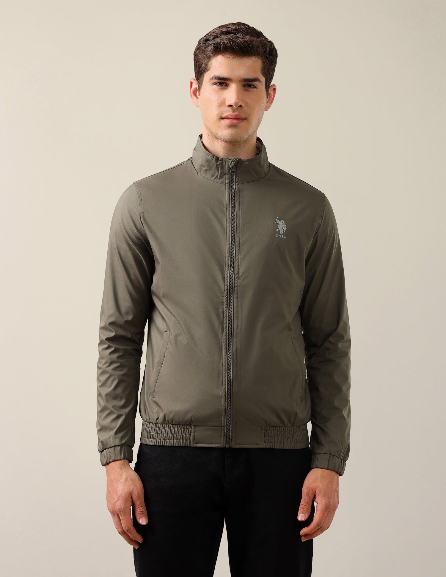 High Neck Solid Polyester Jacket Olive - U.S. Polo Assn. India | Large