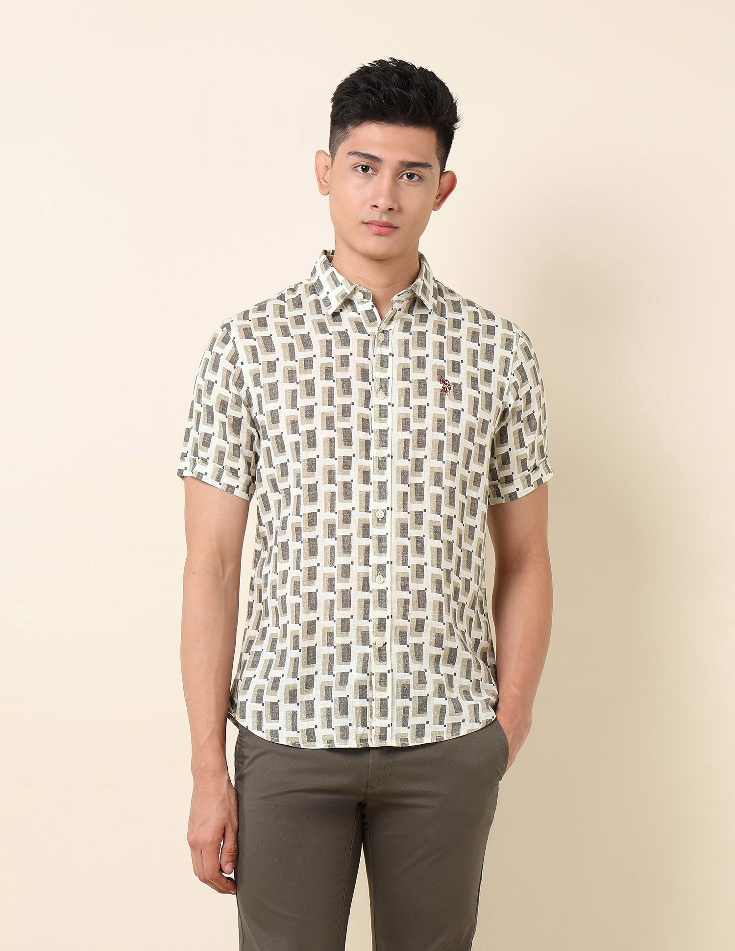 Geometric Printed Pure Cotton Shirt Grey - U.S. Polo Assn. India | Large