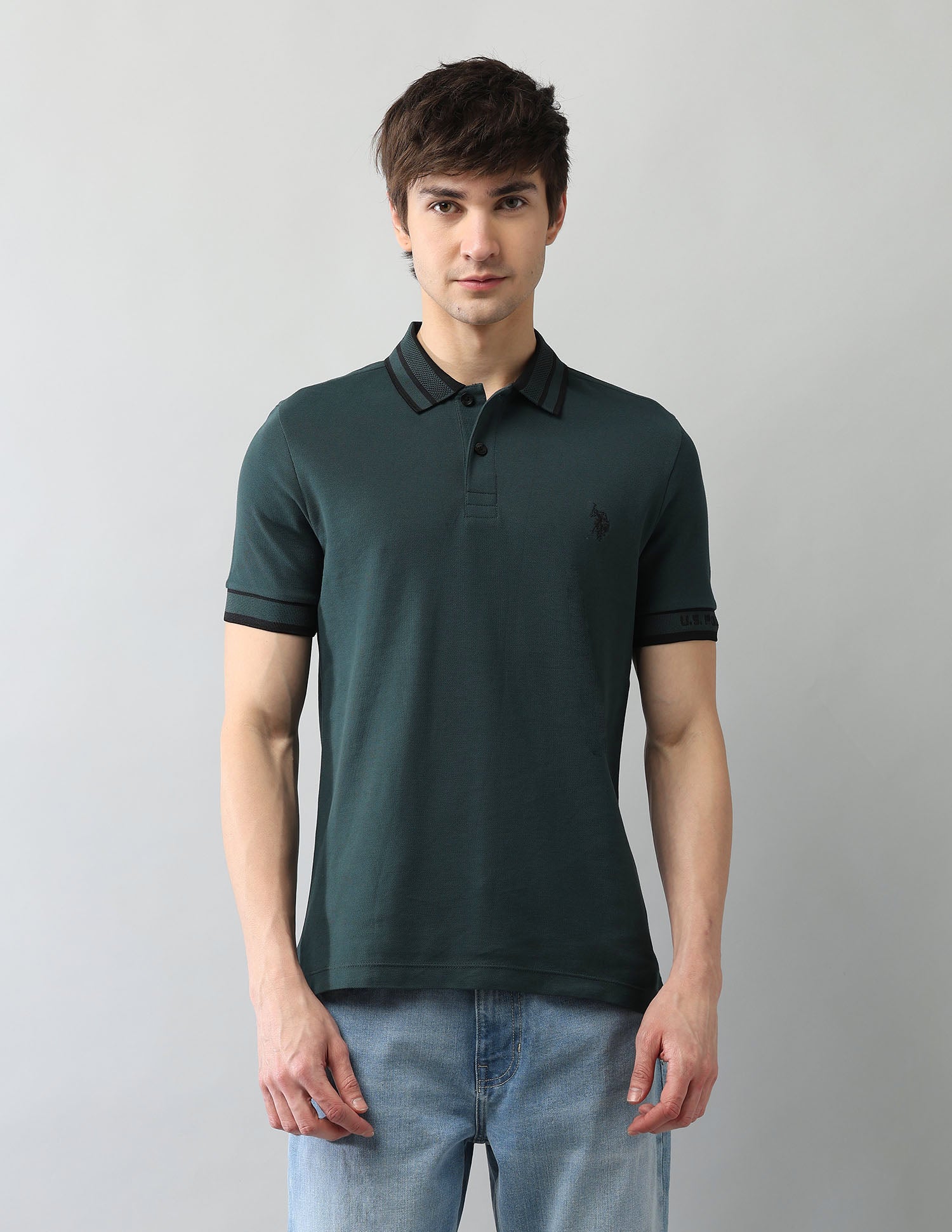 Solid Pure Cotton Black Label Polo Shirt Dark Green - U.S. Polo Assn. India | Large
