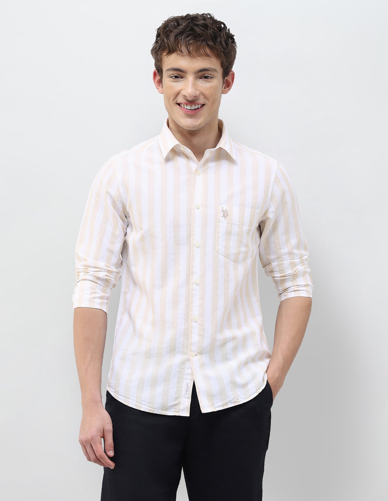 Vertical Striped Regular Fit Shirt Beige - U.S. Polo Assn. India | Large