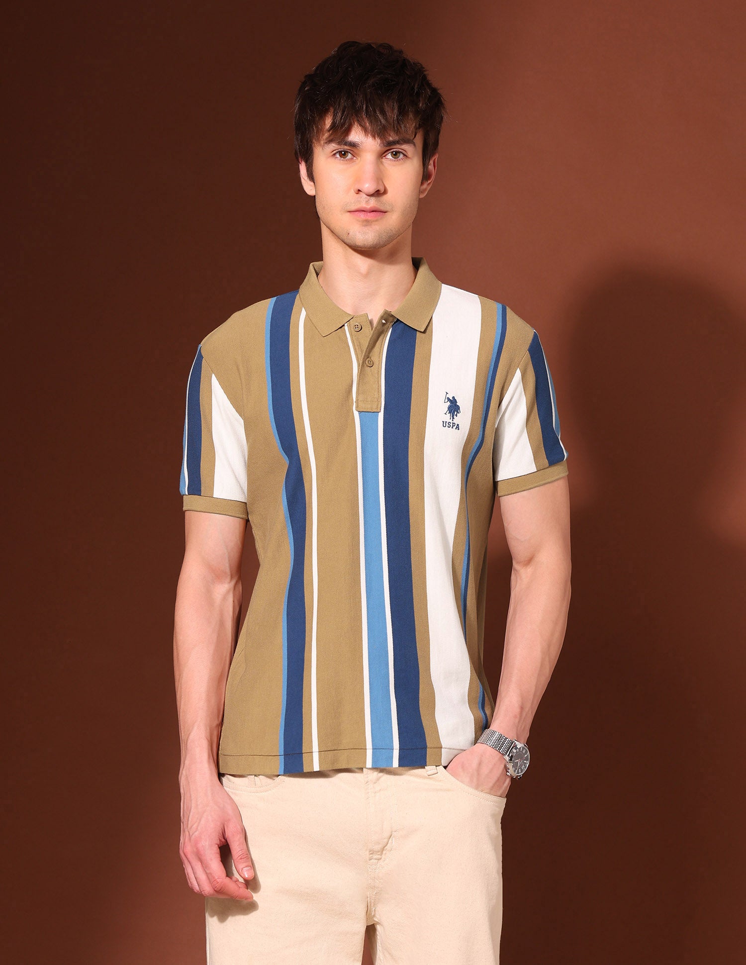 Vertical Striped Working Holiday Polo Shirt Brown - U.S. Polo Assn. India | Large