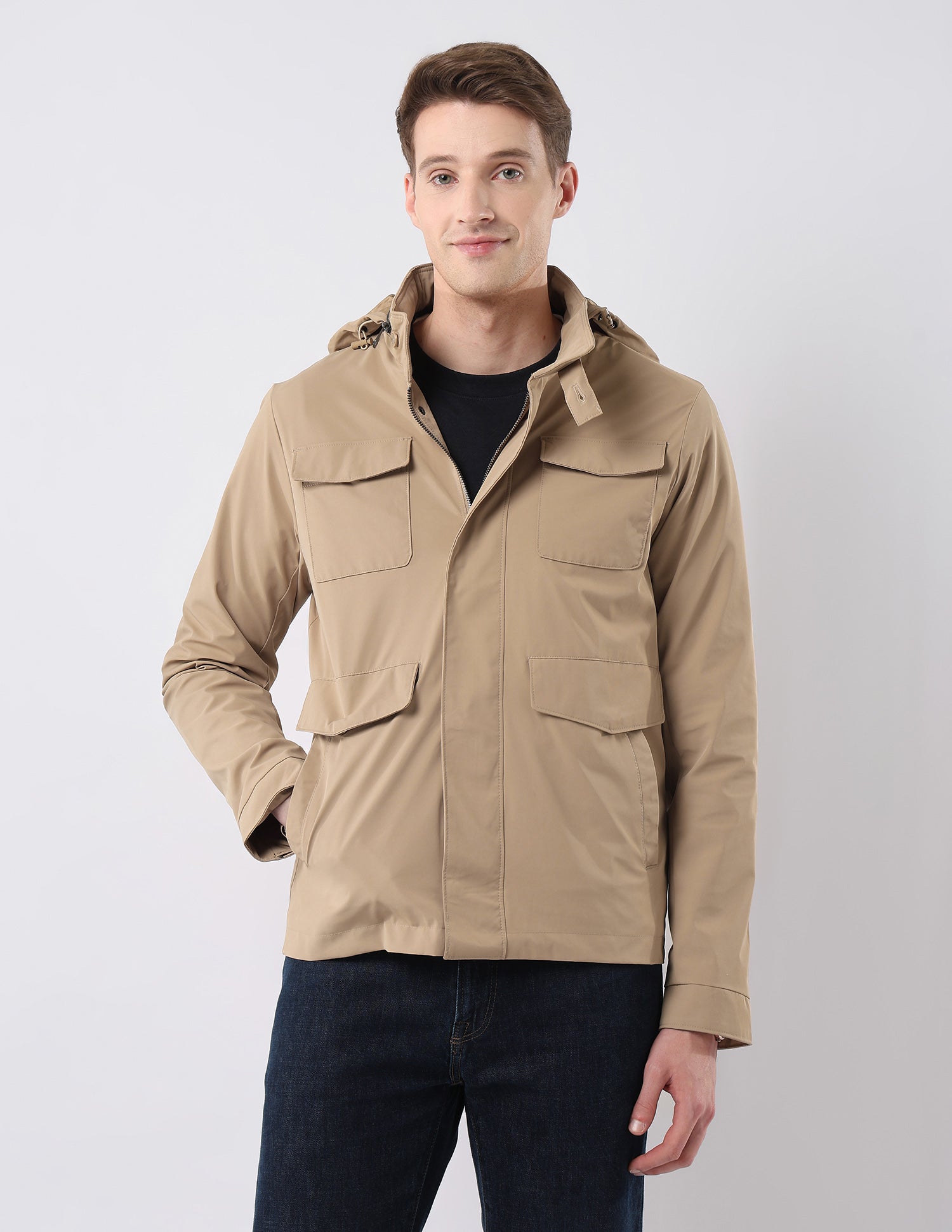 Solid Regular Fit Detachable Hood Jacket Camel - U.S. Polo Assn. India | Large