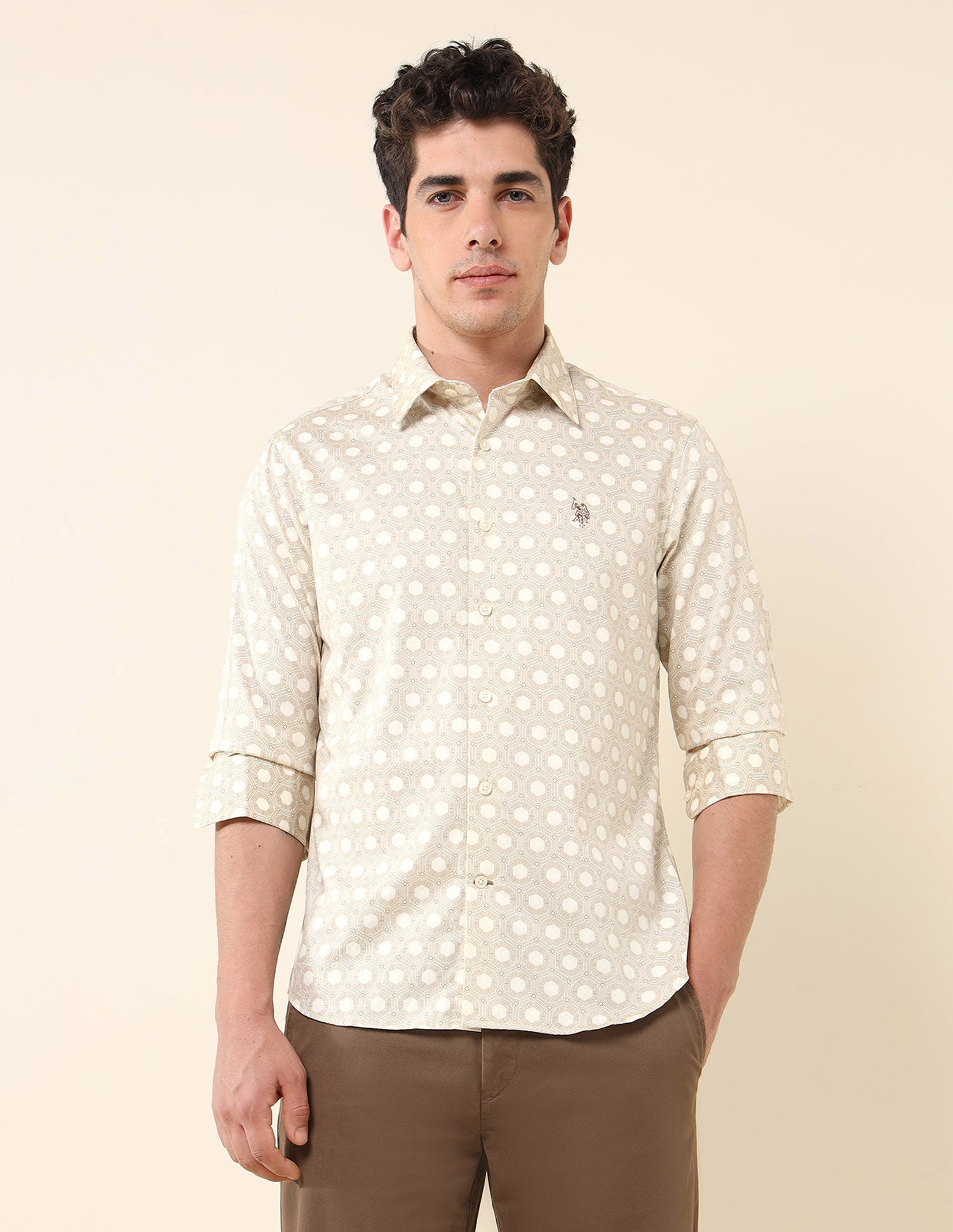 Geometric Printed Pure Cotton Shirt Light Khaki - U.S. Polo Assn. India | Large
