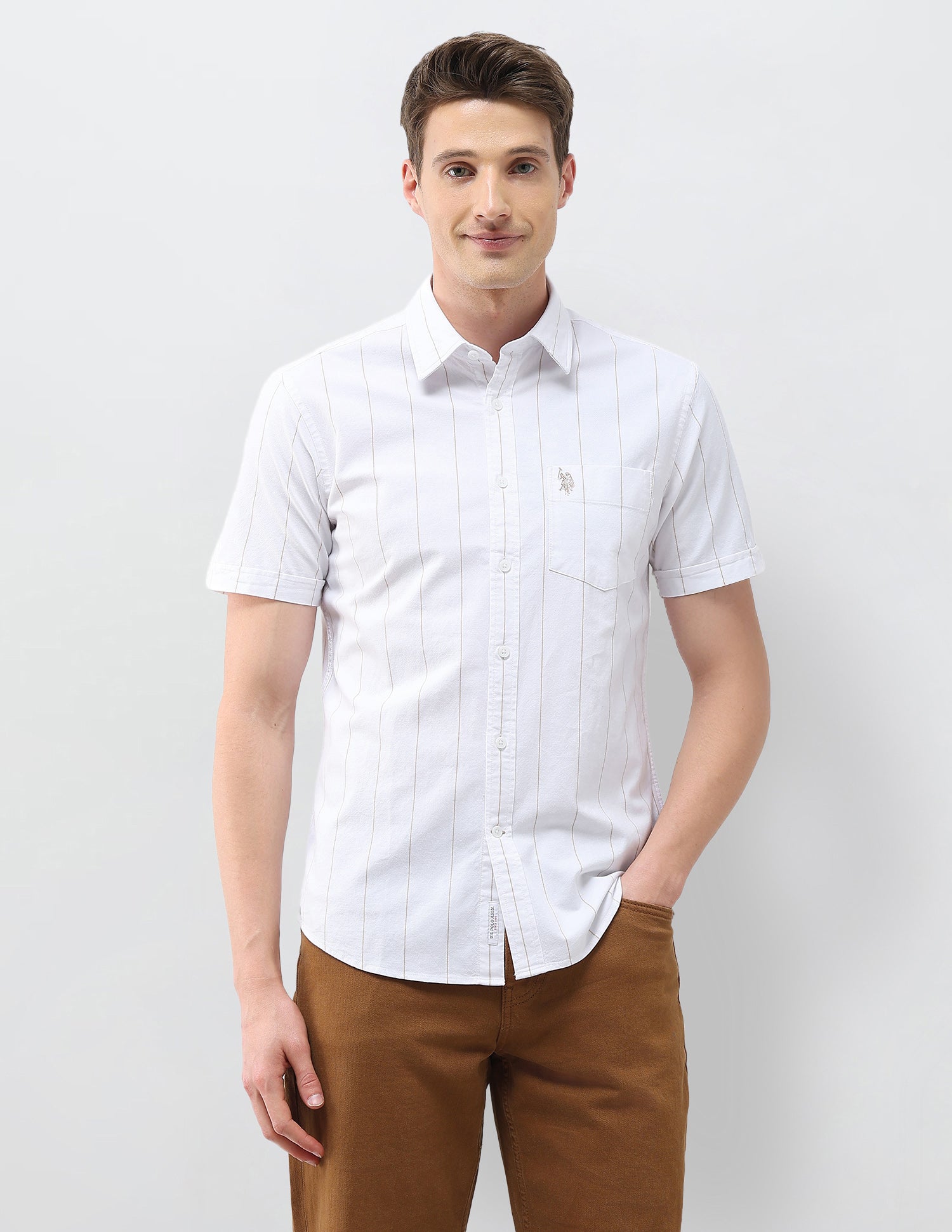 Oxford Regular Fit Vertical Striped Shirt Beige - U.S. Polo Assn. India | Large