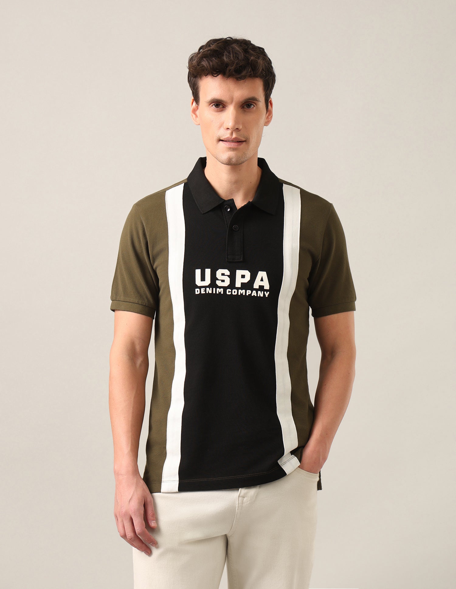 Colourblocked With Brand Printed Slim Fit Polo Shirt Olive - U.S. Polo Assn. India | Large