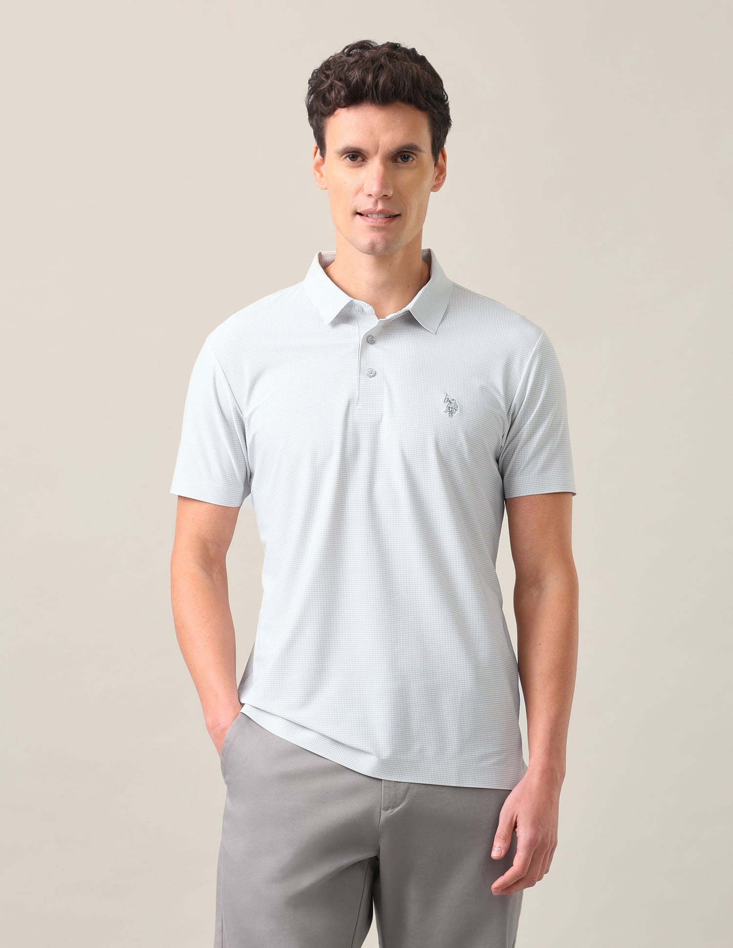 Houndstooth Checked Slim Fit Polo Shirt Light Grey - U.S. Polo Assn. India | Large