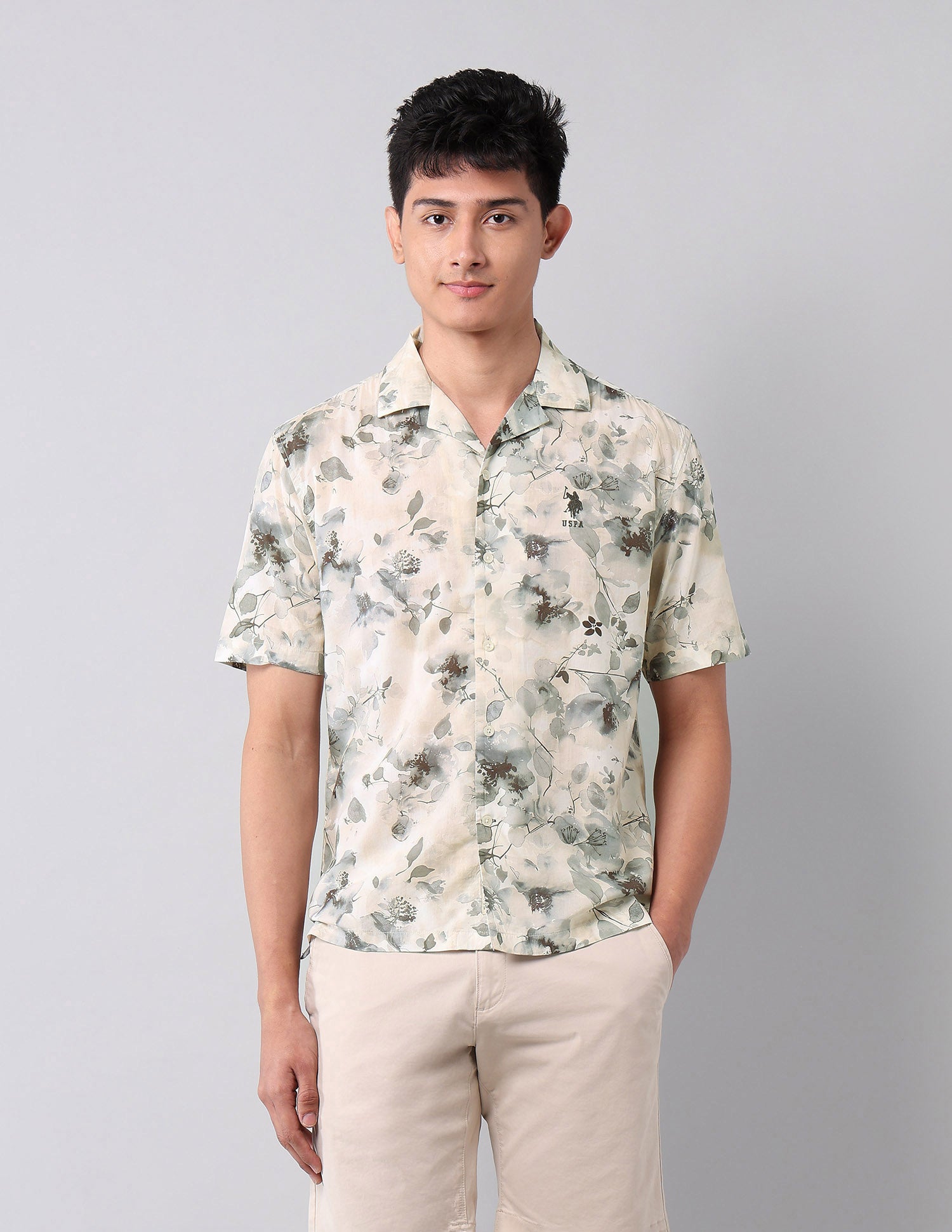 Floral Printed Relaxed Fit Shirt Light Khaki - U.S. Polo Assn. India | Large