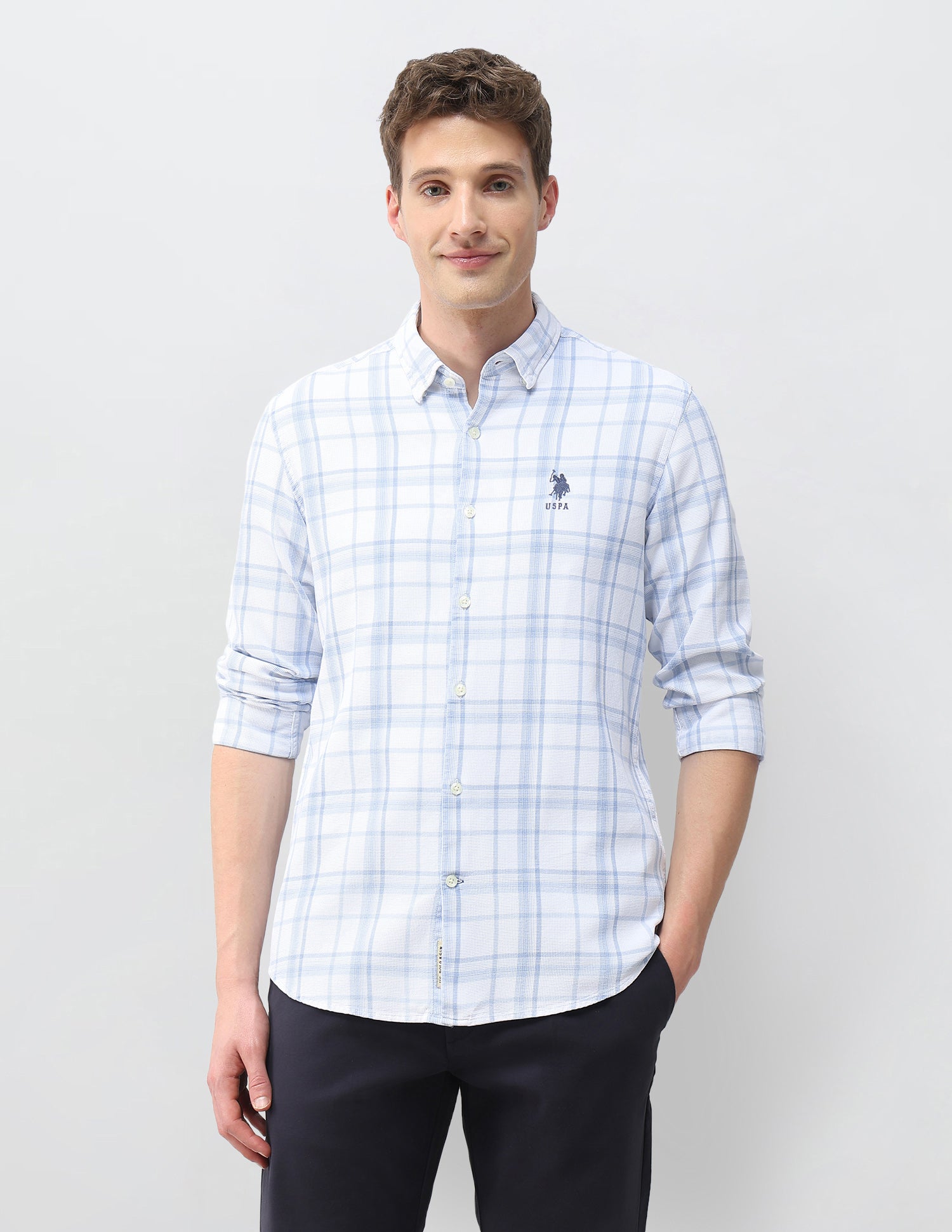 Tartan Checked Knitted Shirt Light Indigo - U.S. Polo Assn. India | Large