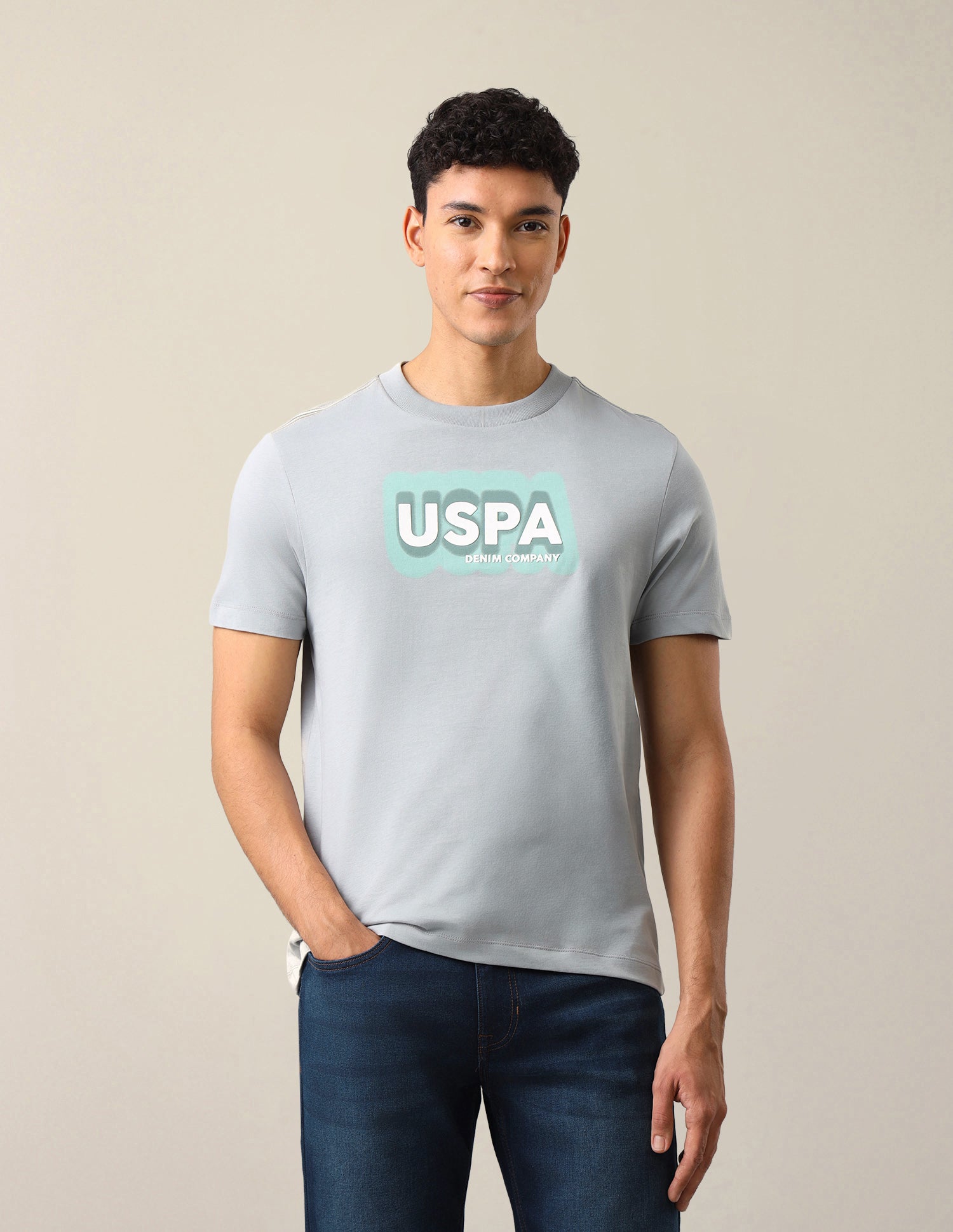 Brand Typographic Printed Regular Fit T-Shirt Grey - U.S. Polo Assn. India | Large