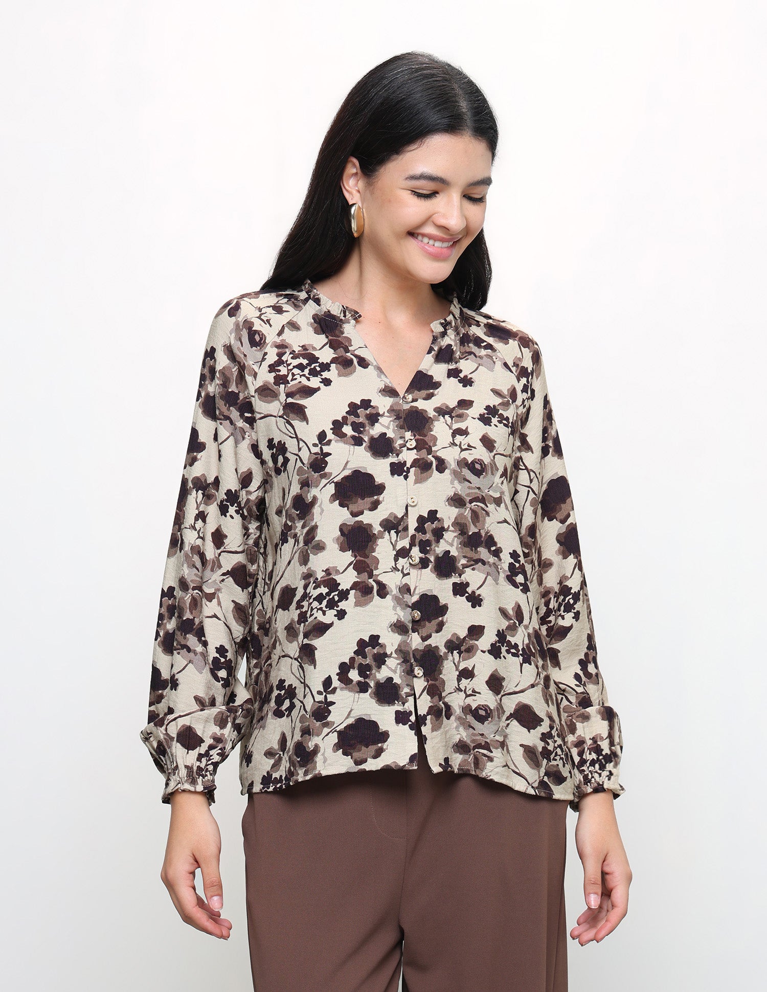 Floral Printed Relaxed Fit Top Dark Brown - U.S. Polo Assn. India | Large