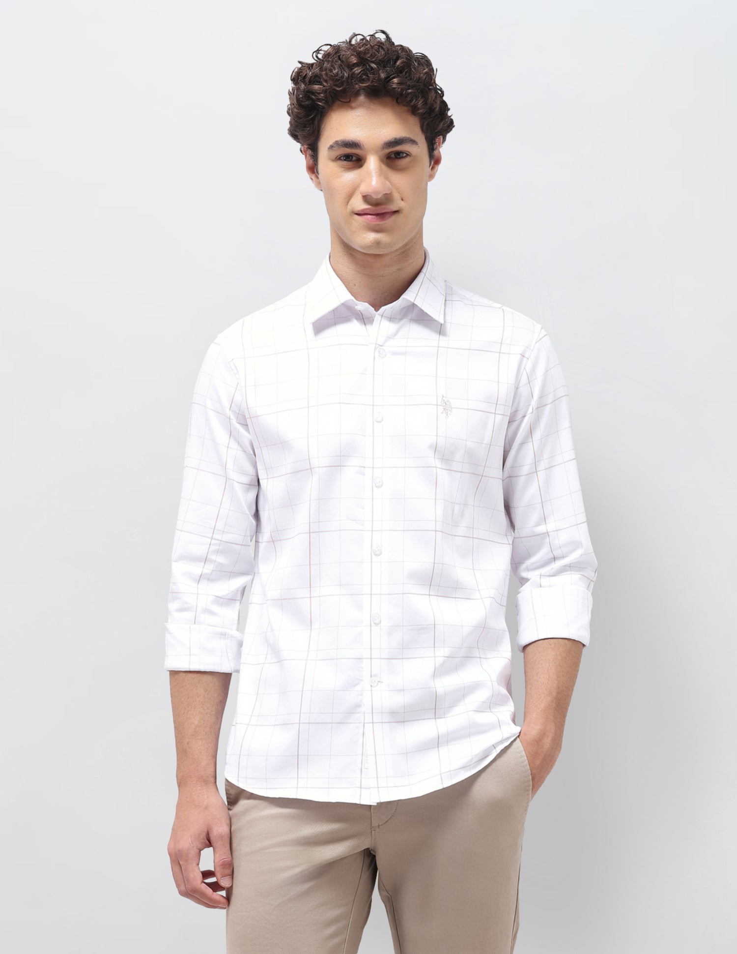 Grid Tattersall Checked Satin Shirt Beige - U.S. Polo Assn. India | Large