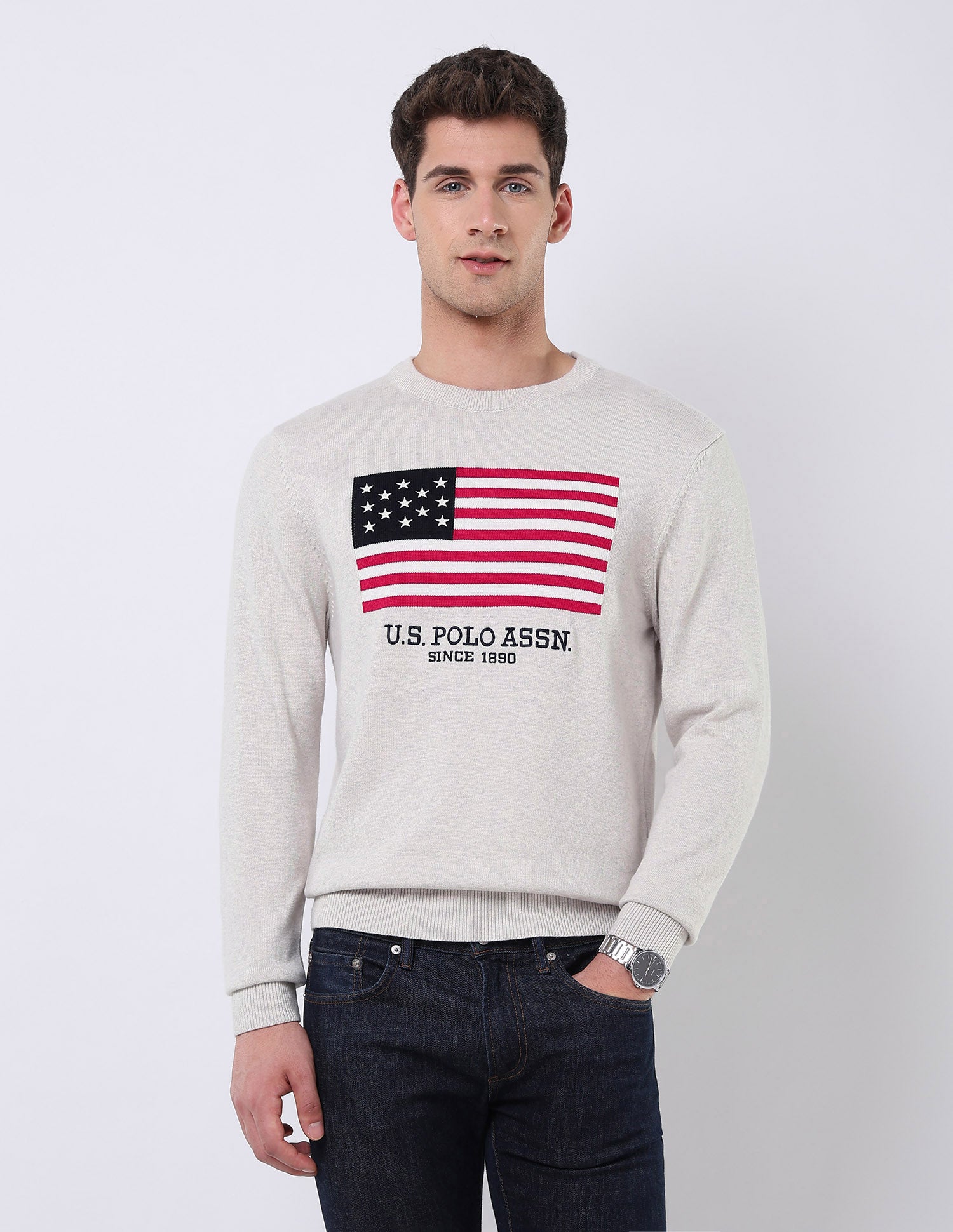 Brand Patterned Knit Regular Fit Sweater Off White - U.S. POLO ASSN. | Large